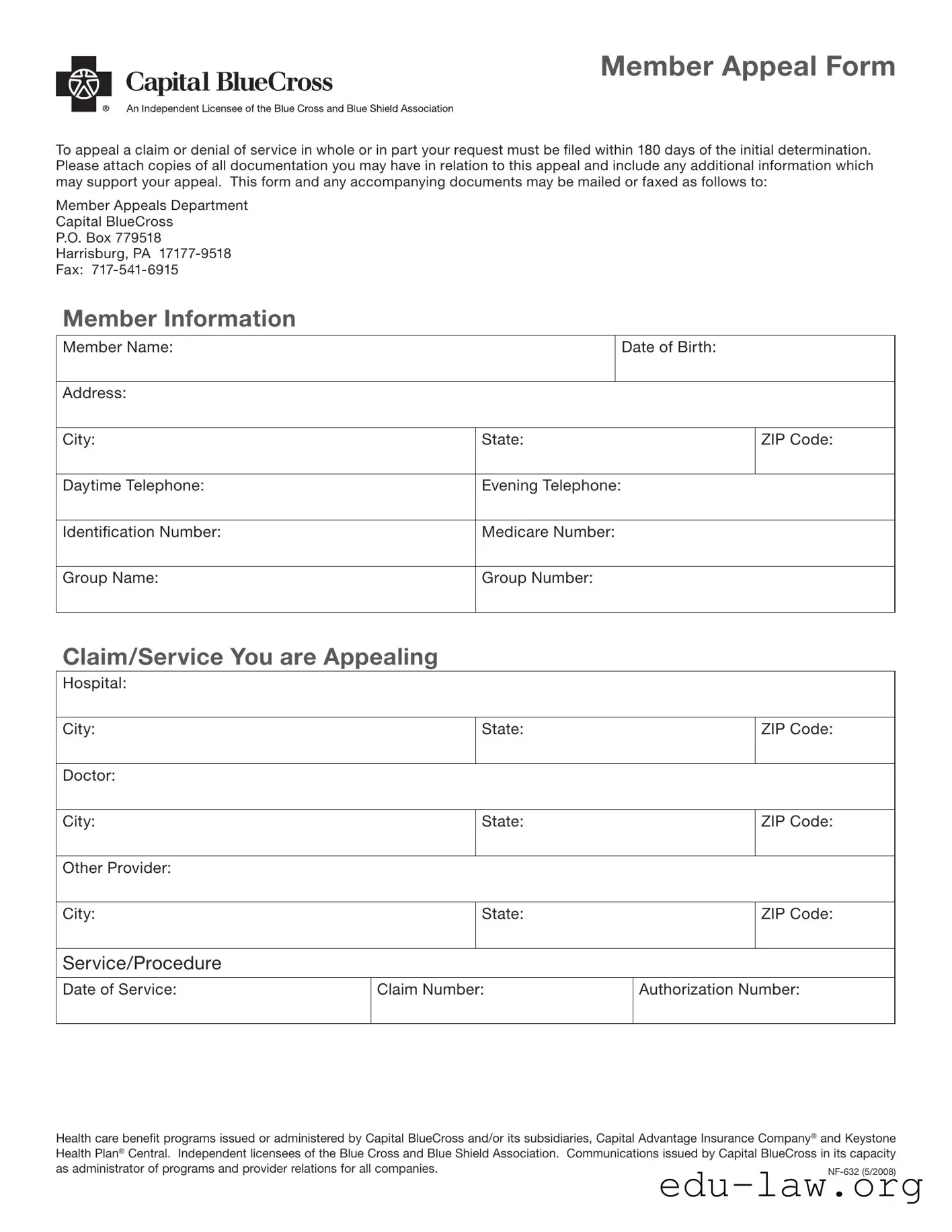 Fill in Your Capital Blue Cross Provider Appeal Template