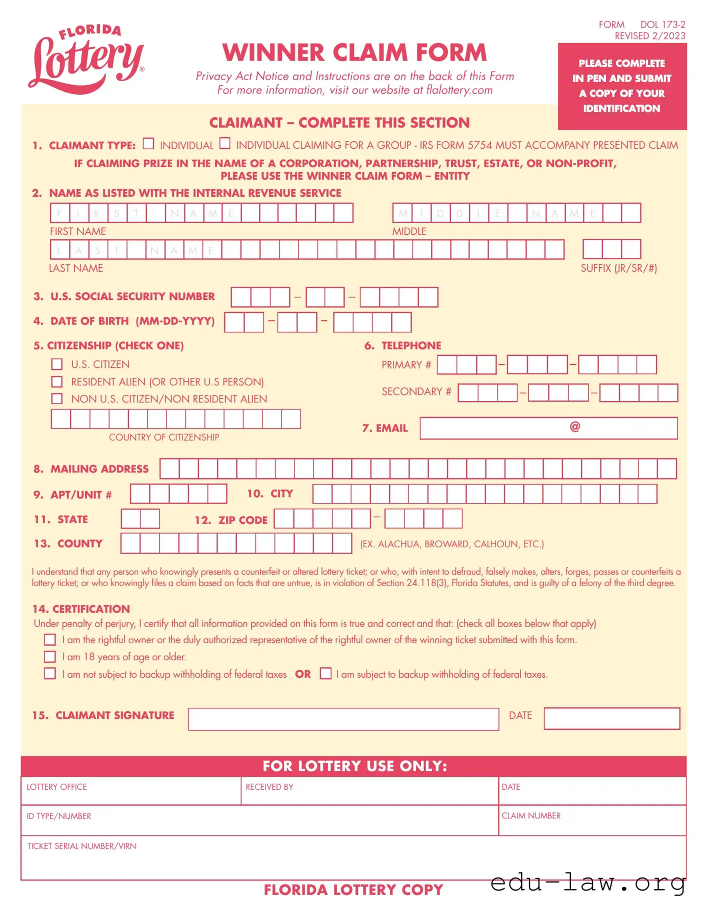 Fill in Your Florida Lottery Claim Template