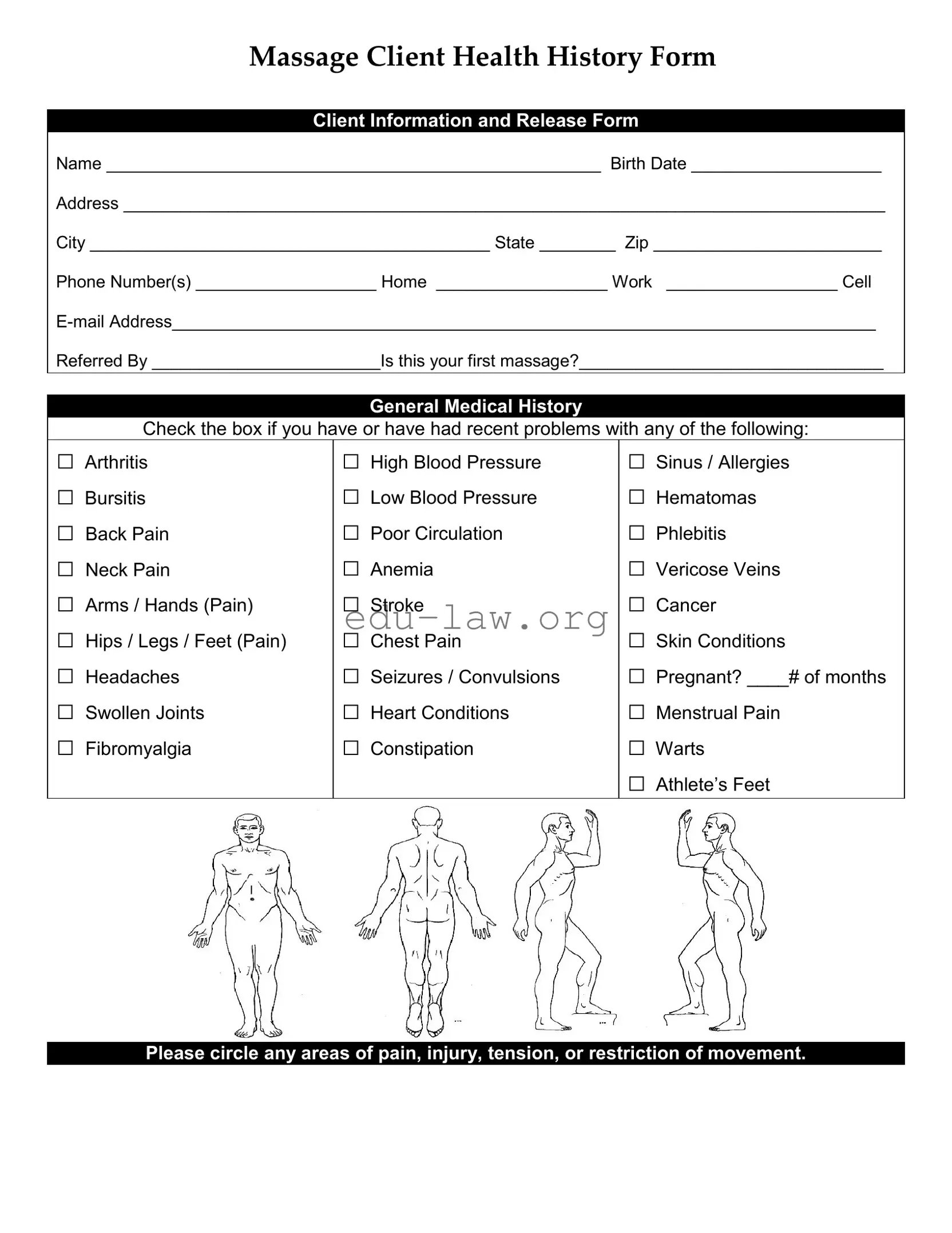 Fill in Your Massage Health History Template