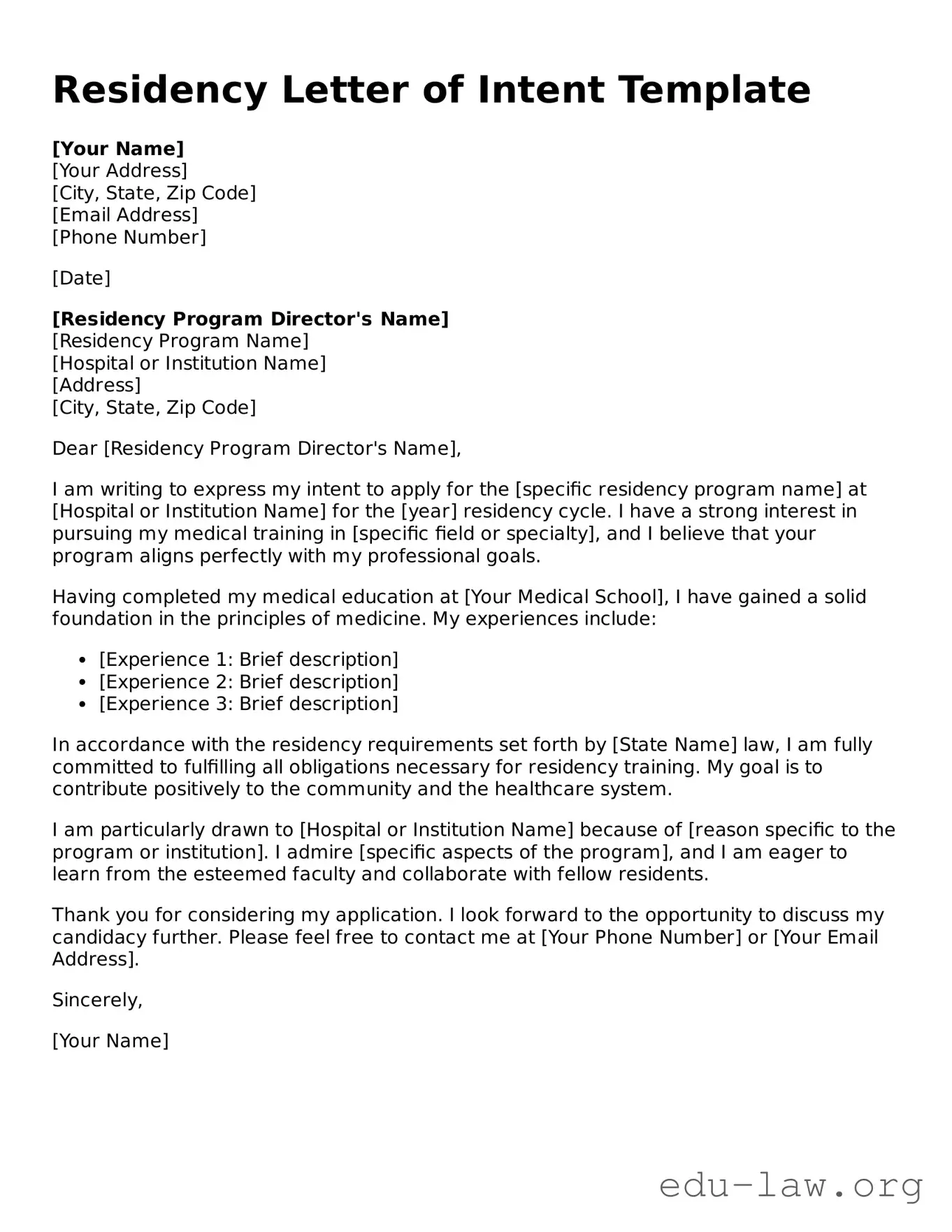 Residency Letter of Intent Template