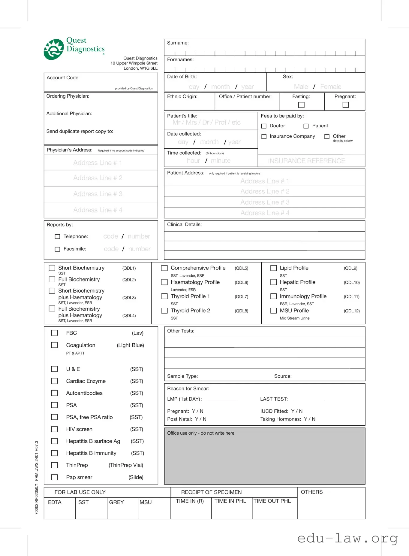 Fill in Your Order Quest Diagnostics Template