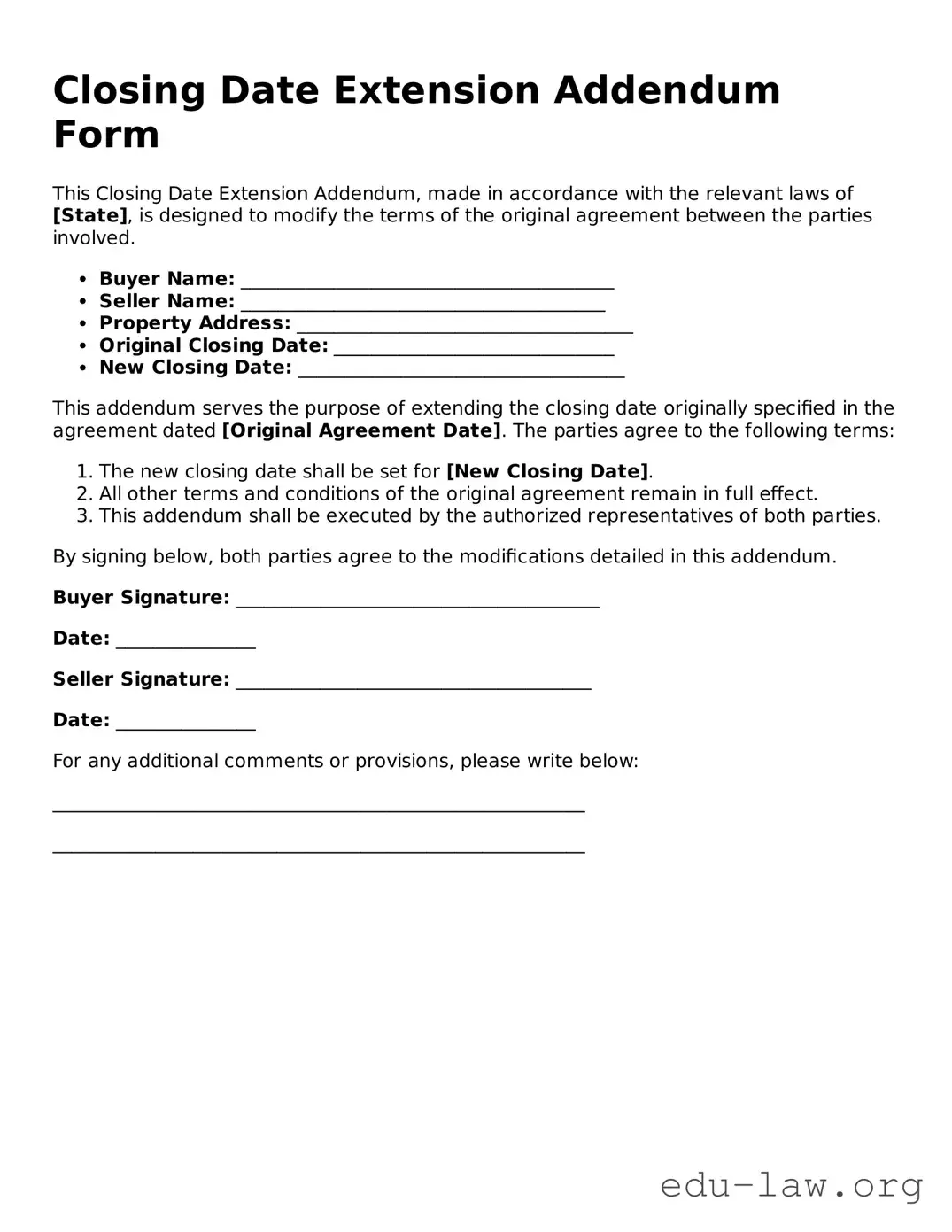 Closing Date Extension Addendum Form Template