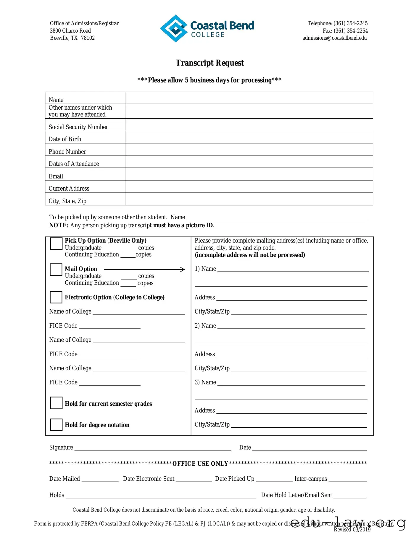 Fill in Your Coastal Bend Transcript Template
