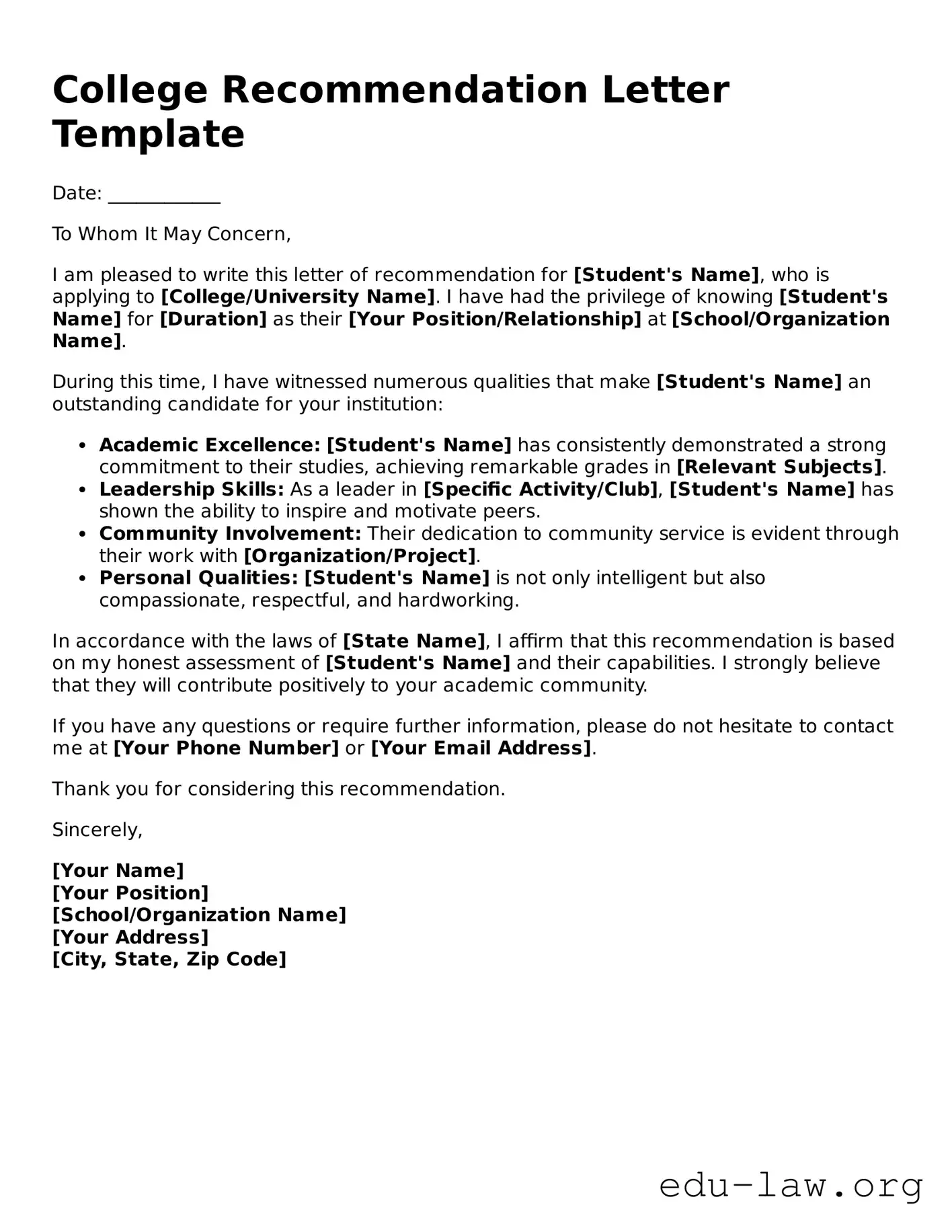 College Recommendation Letter Template