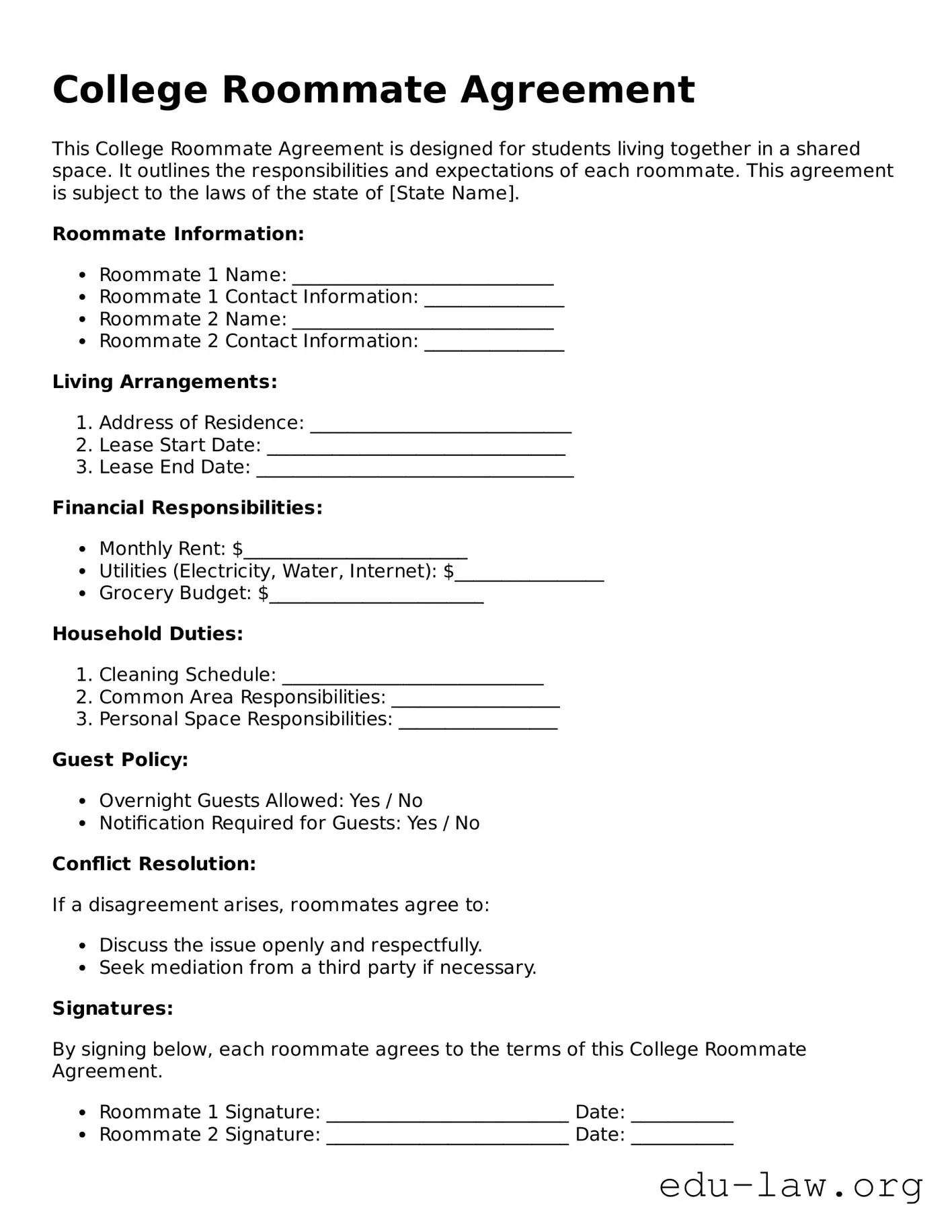 College Roommate Agreement Template