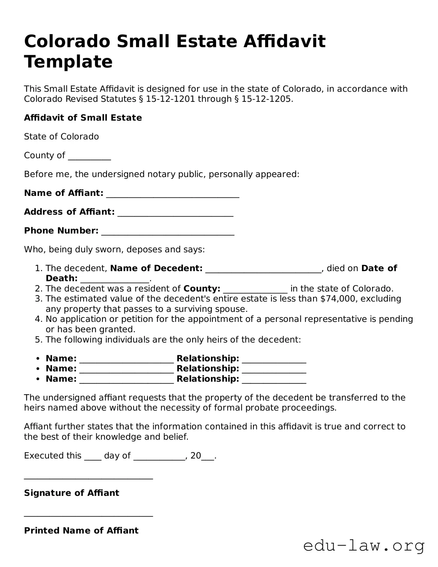 Legal  Small Estate Affidavit Template for Colorado