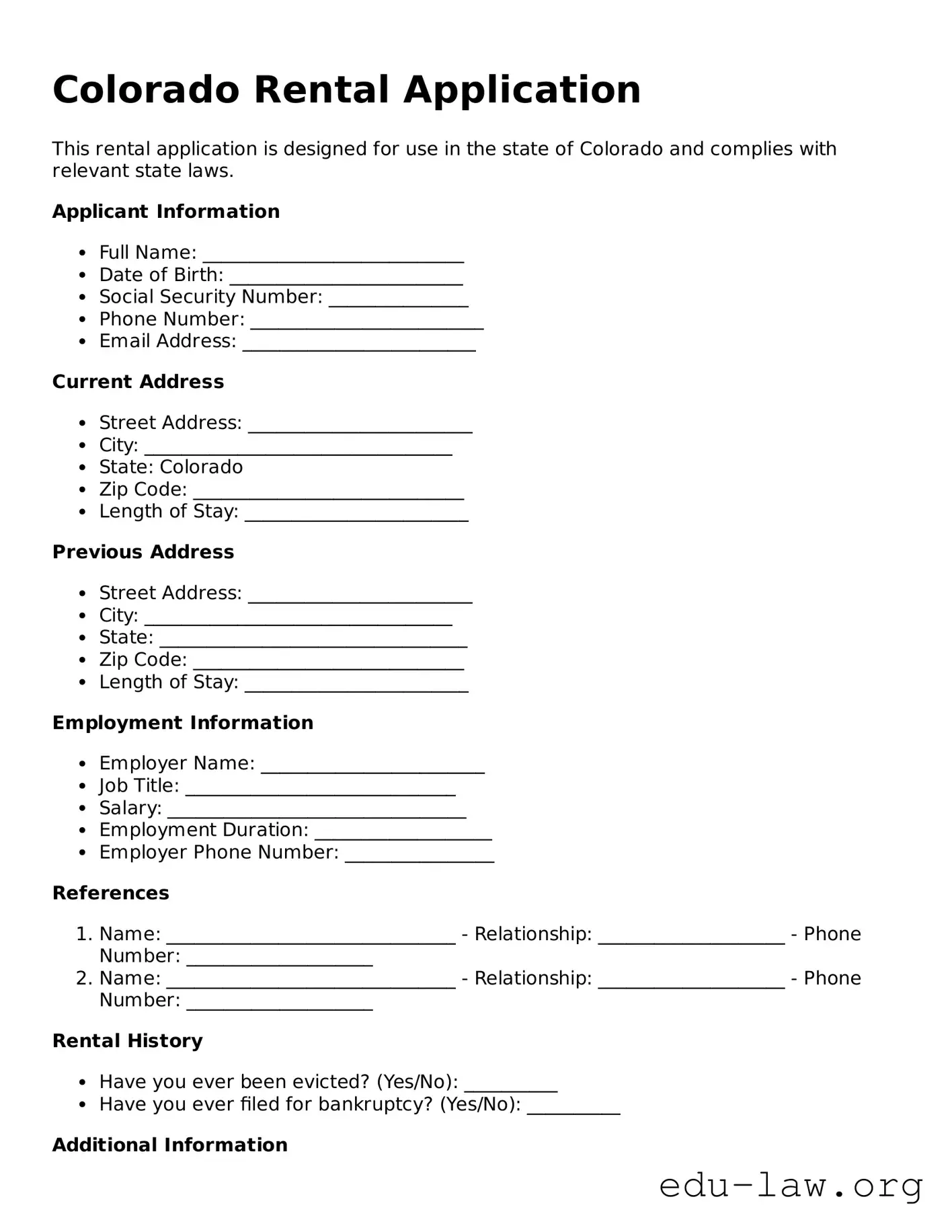 Legal  Rental Application Template for Colorado