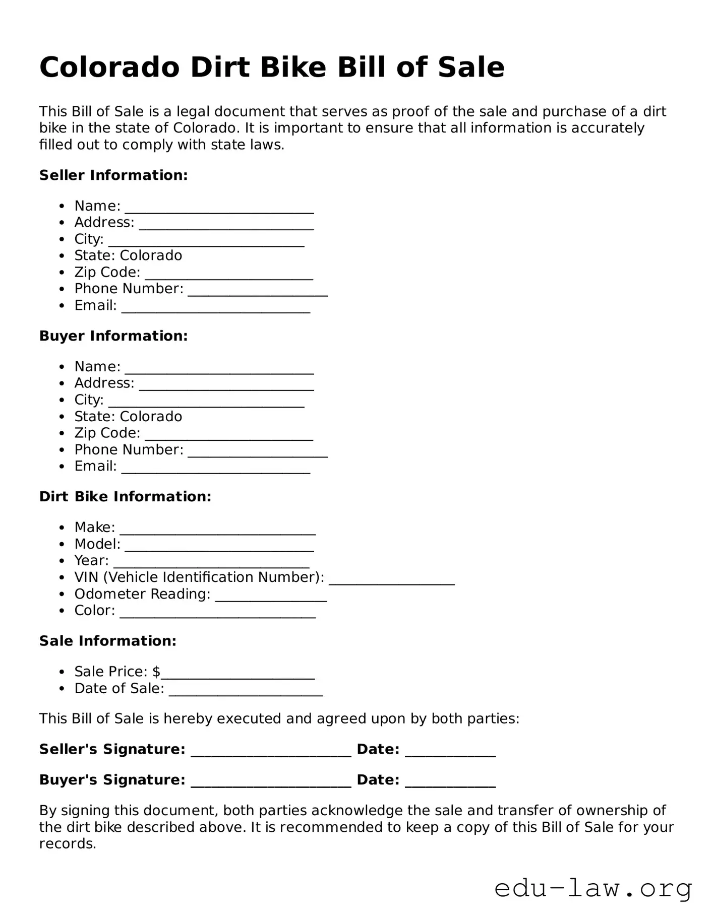 Legal  Dirt Bike Bill of Sale Template for Colorado