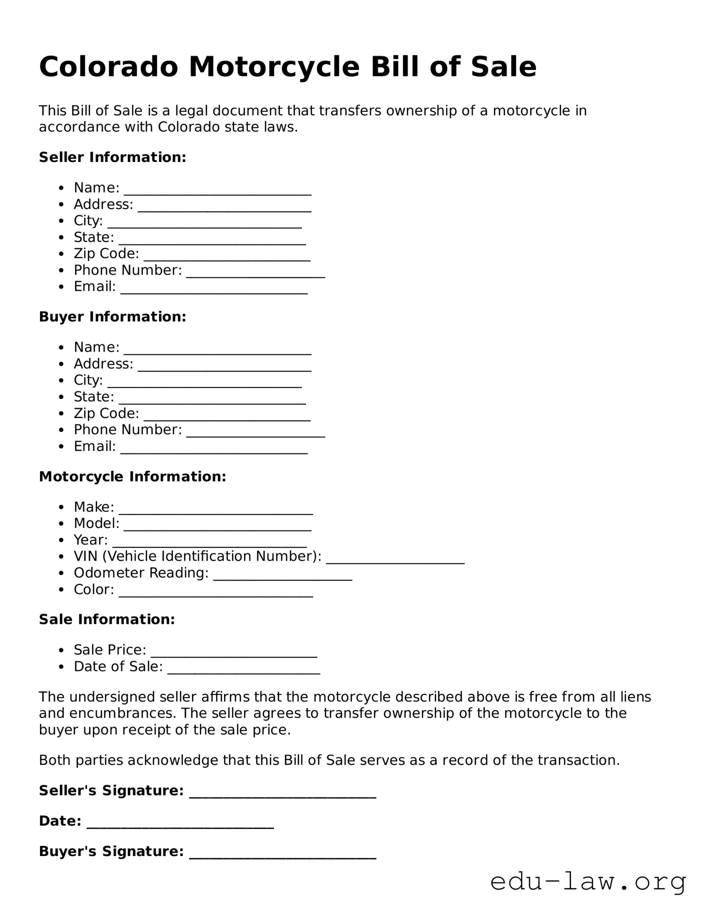 Legal  Motorcycle Bill of Sale Template for Colorado