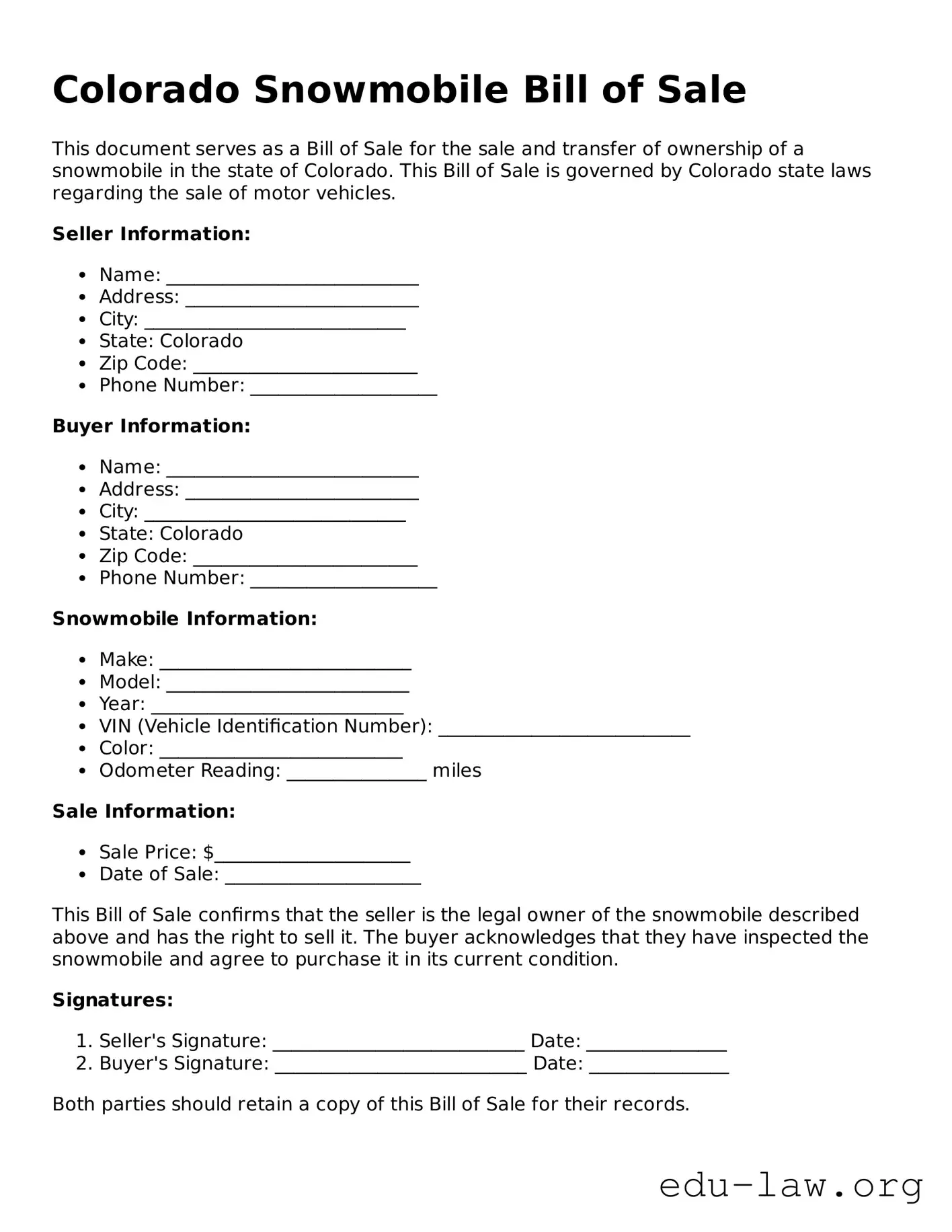 Legal  Snowmobile Bill of Sale Template for Colorado
