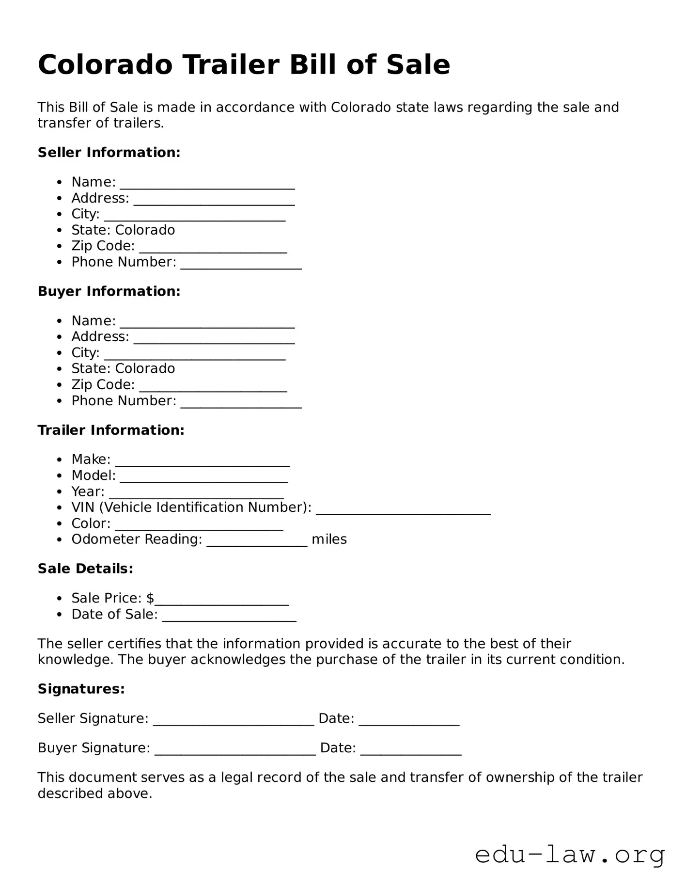 Legal  Trailer Bill of Sale Template for Colorado