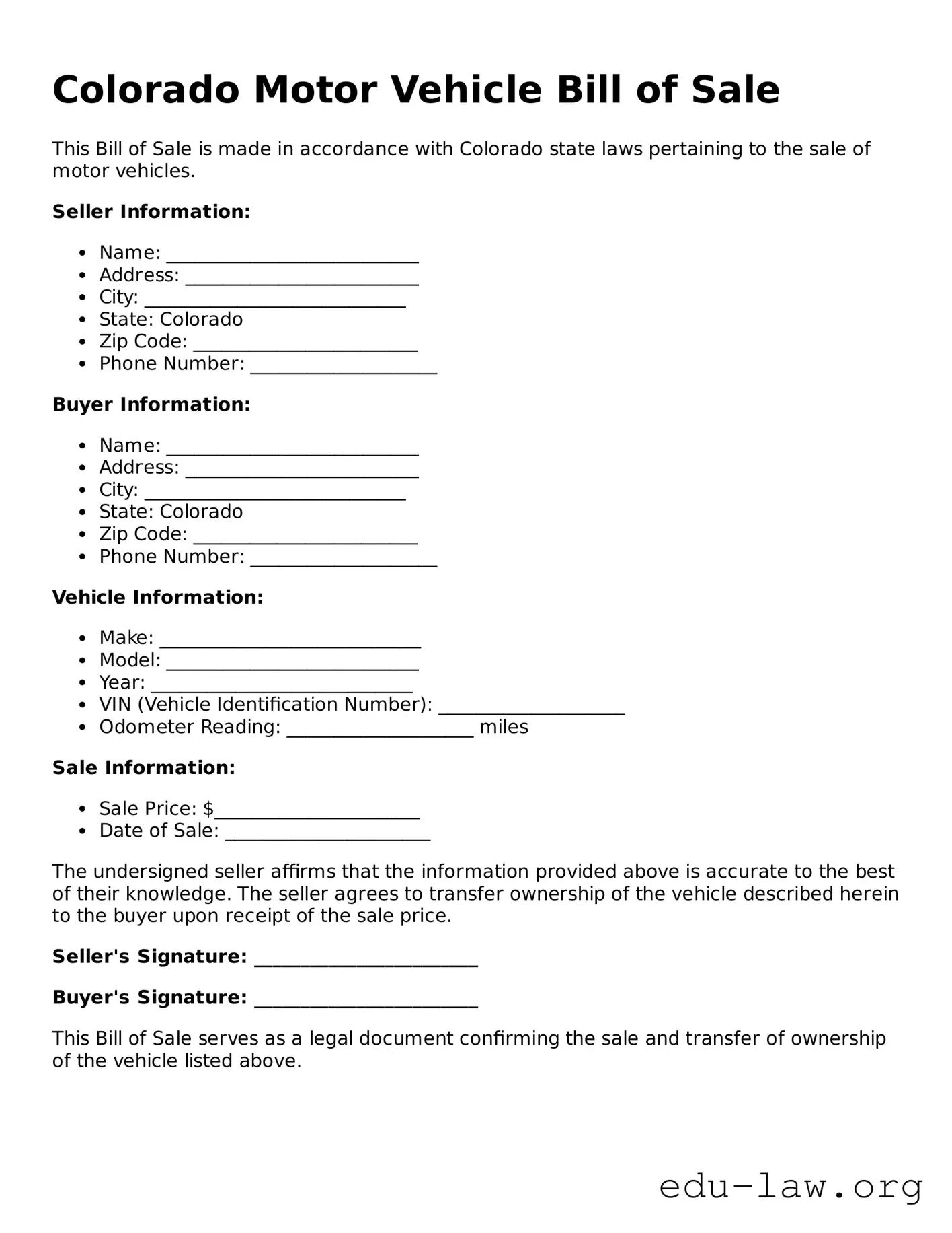 Legal  Motor Vehicle Bill of Sale Template for Colorado