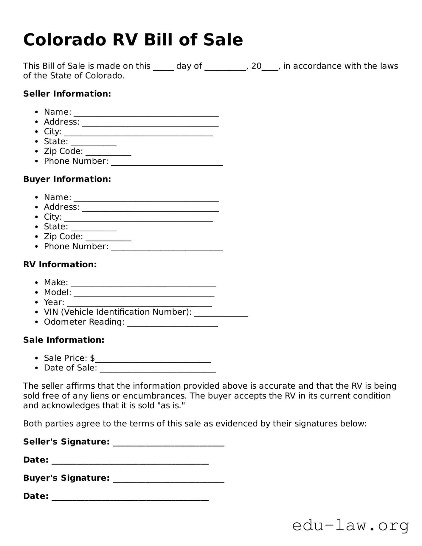 Legal  RV Bill of Sale Template for Colorado