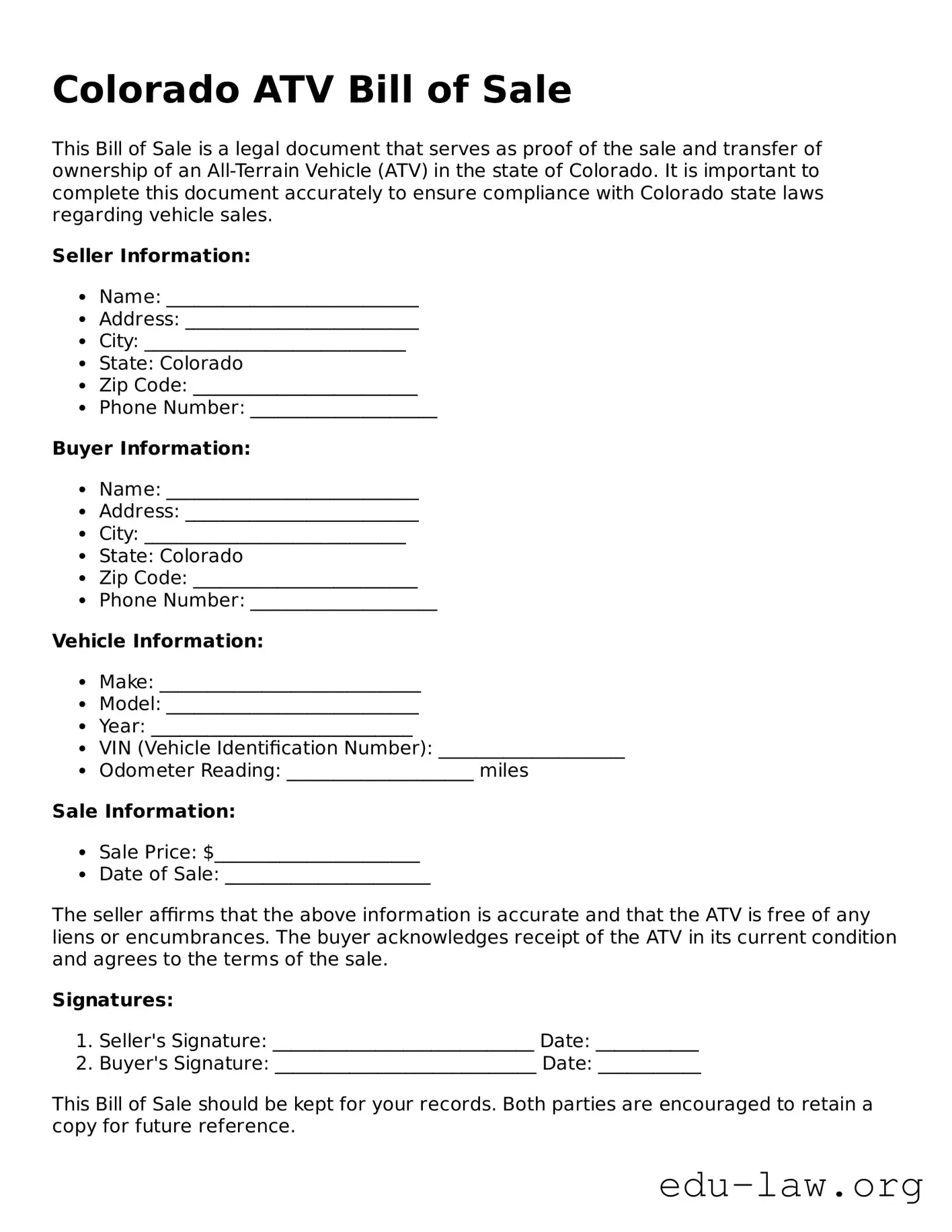 Legal  ATV Bill of Sale Template for Colorado