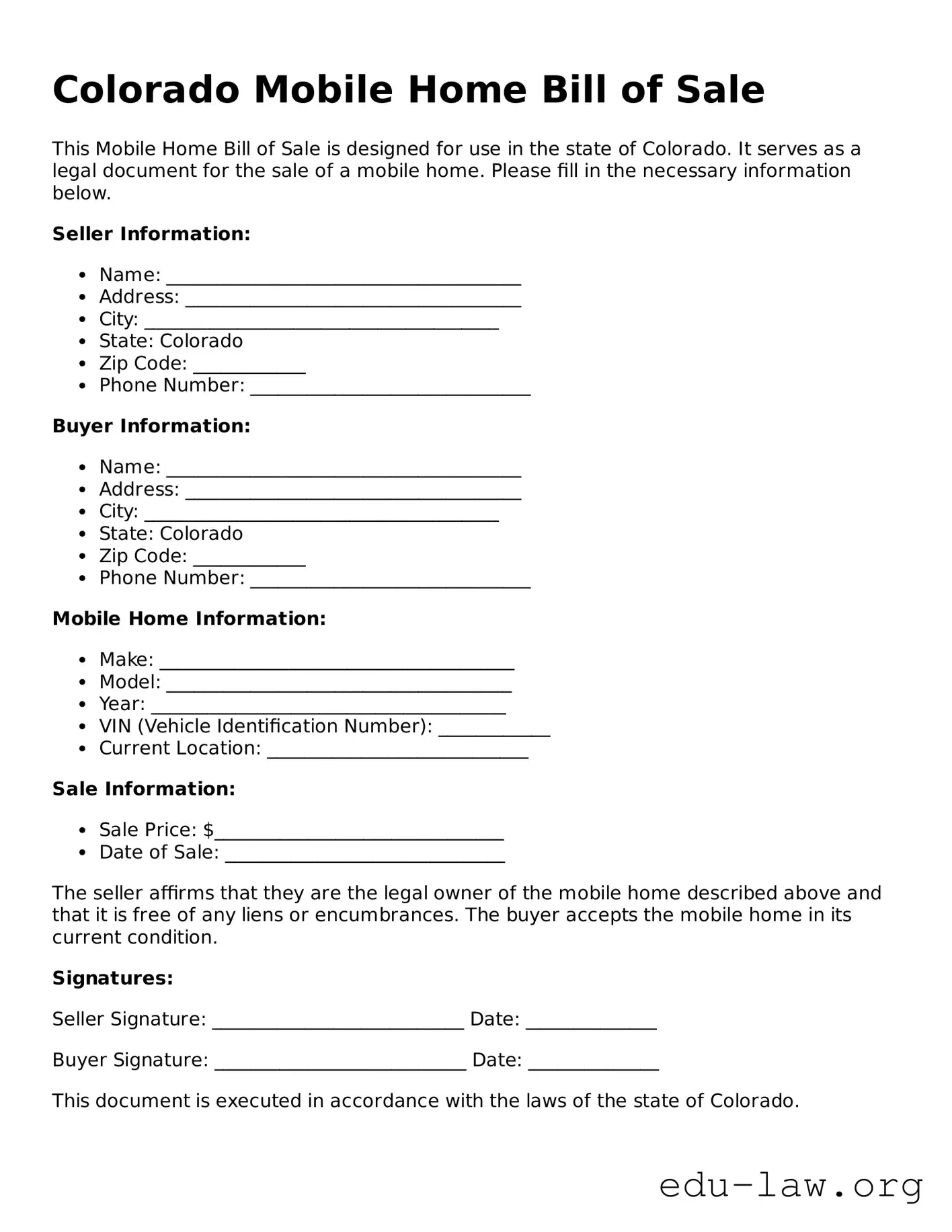 Legal  Mobile Home Bill of Sale Template for Colorado