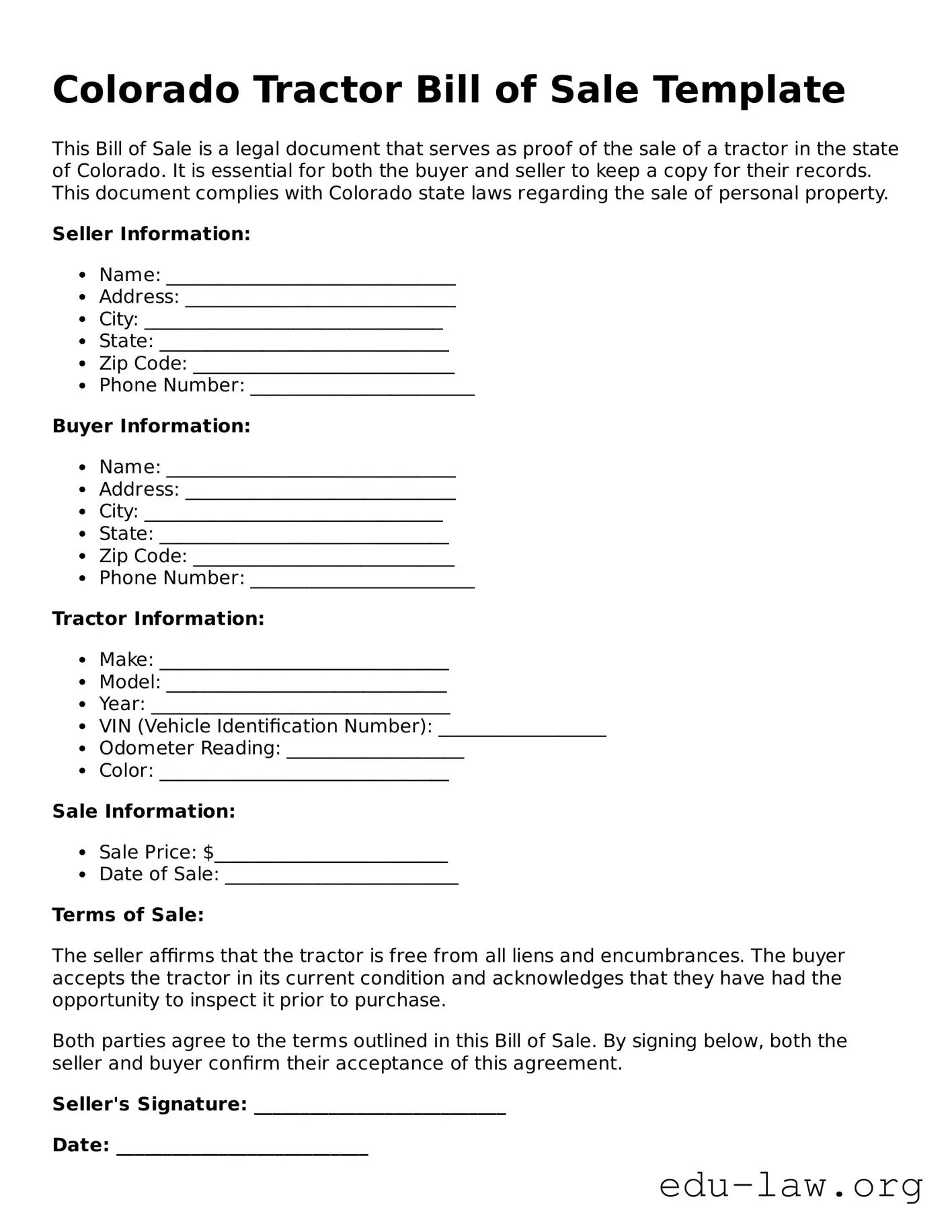 Legal  Tractor Bill of Sale Template for Colorado