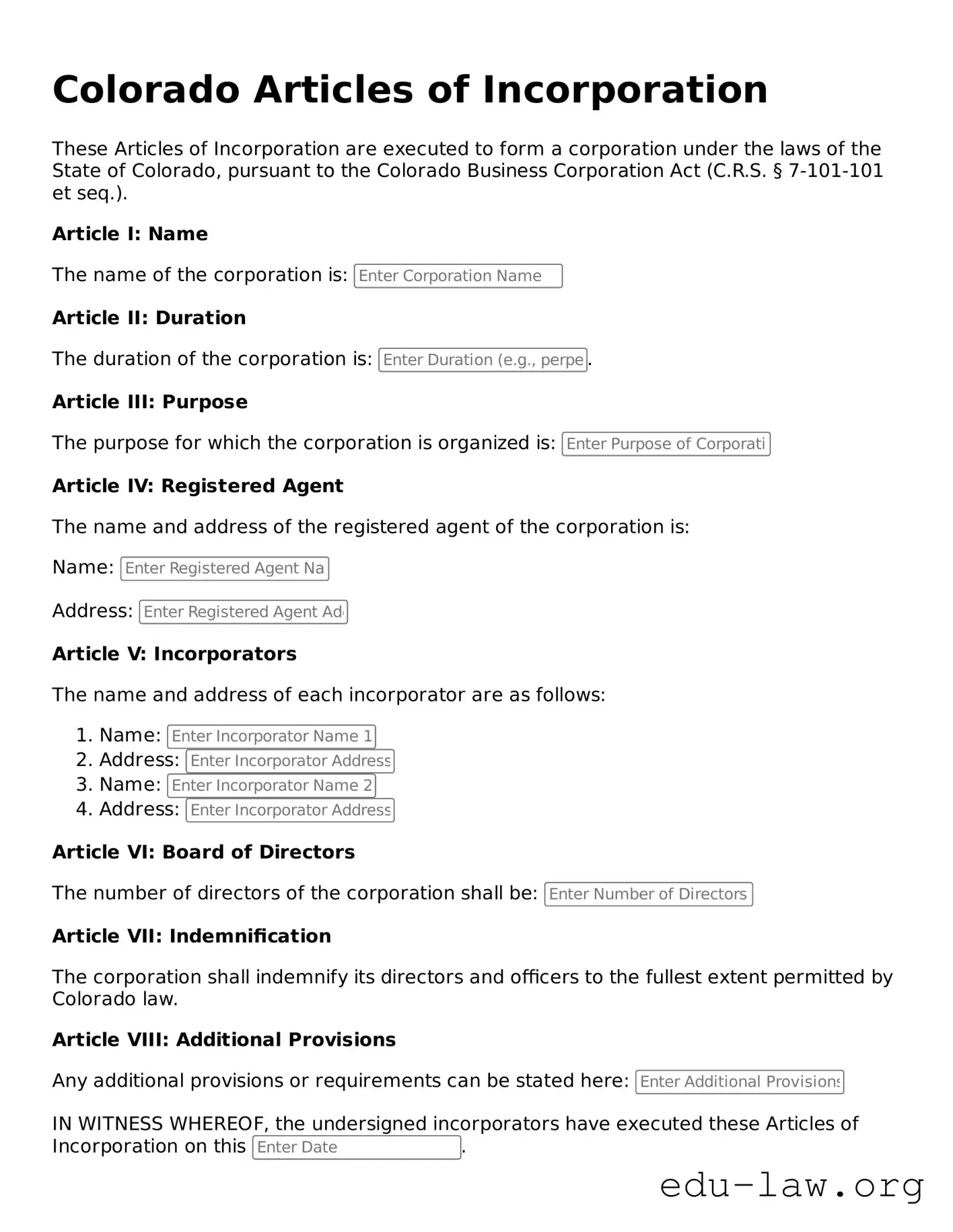 Legal  Articles of Incorporation Template for Colorado