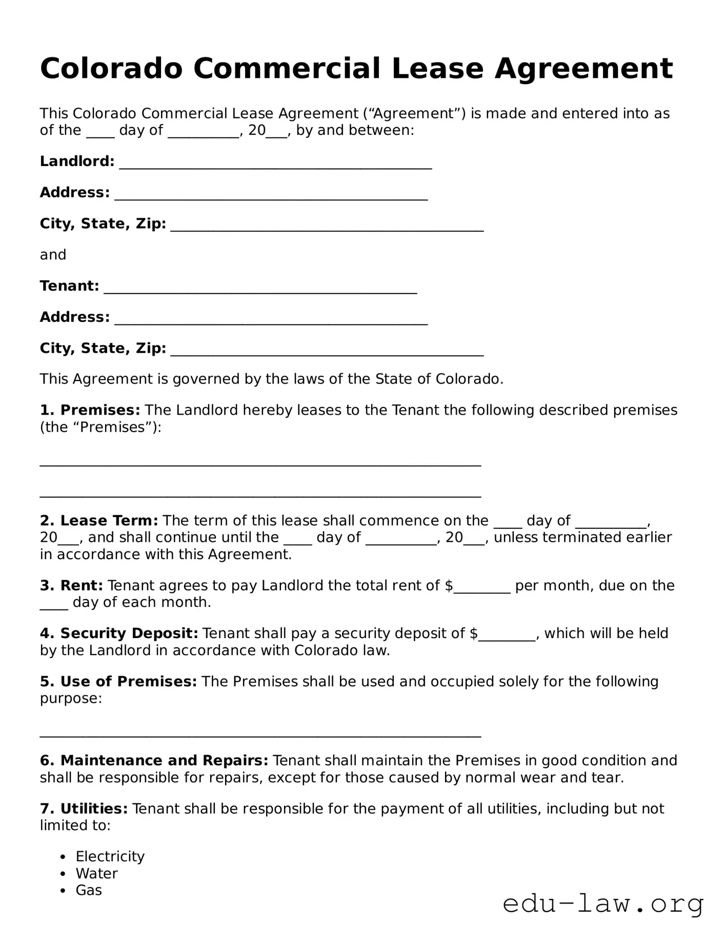 Legal  Commercial Lease Agreement Template for Colorado