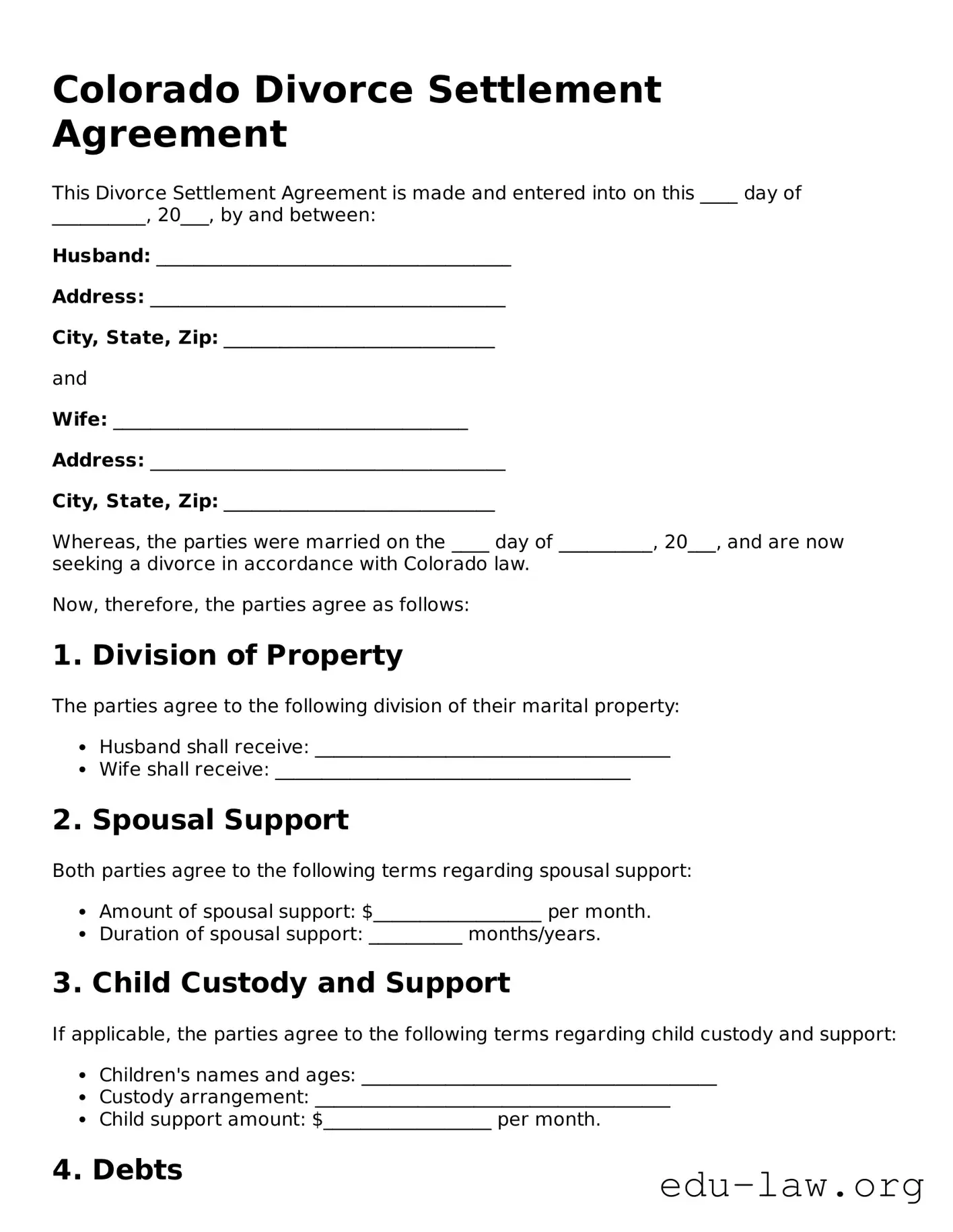 Legal  Divorce Settlement Agreement Template for Colorado