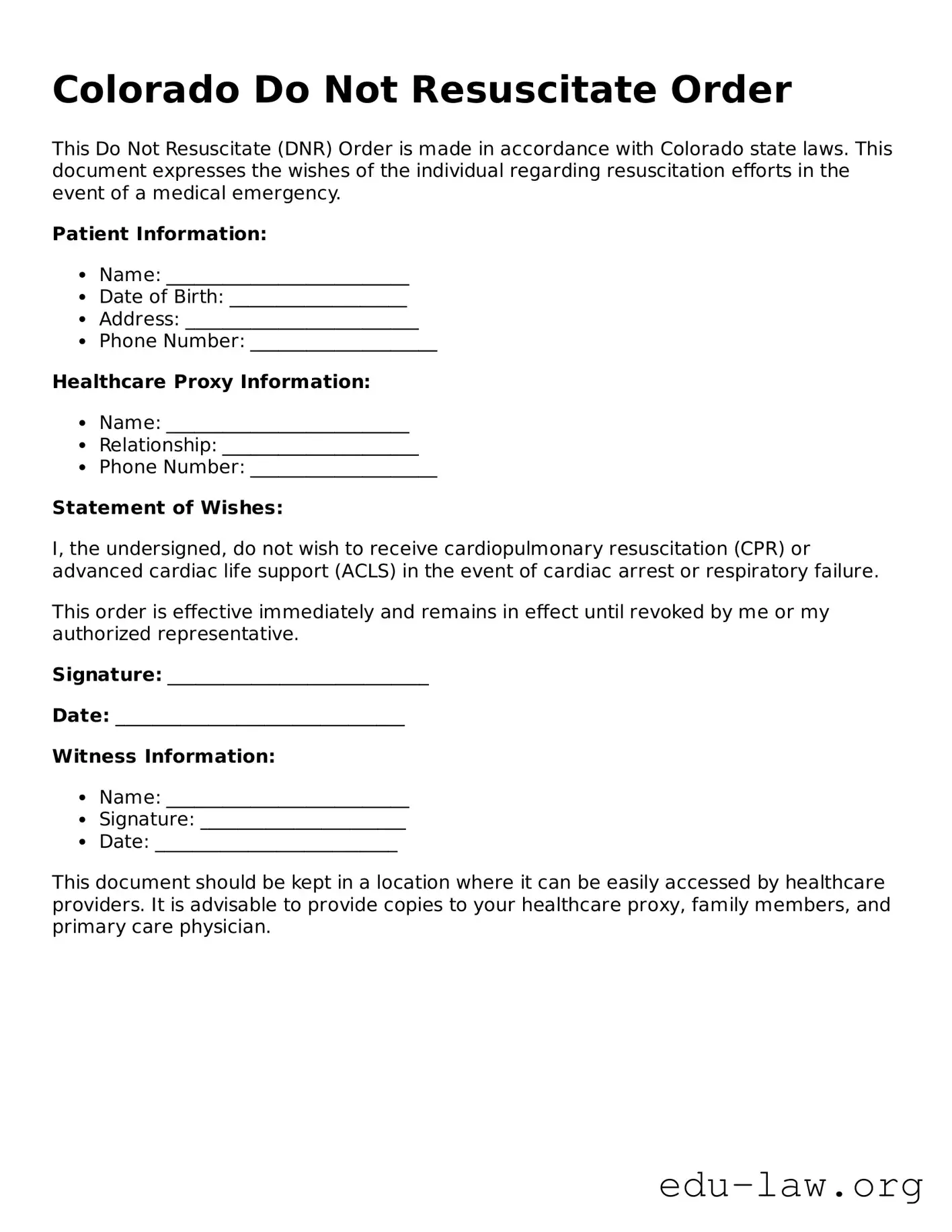 Legal  Do Not Resuscitate Order Template for Colorado