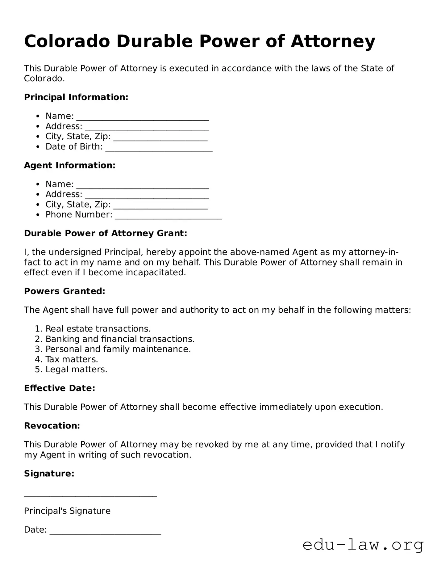 Legal  Durable Power of Attorney Template for Colorado