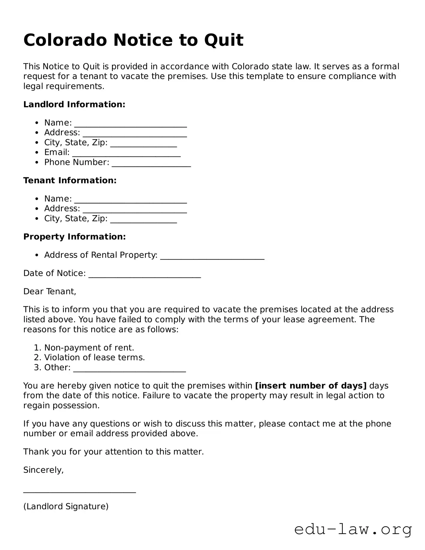 Legal  Notice to Quit Template for Colorado