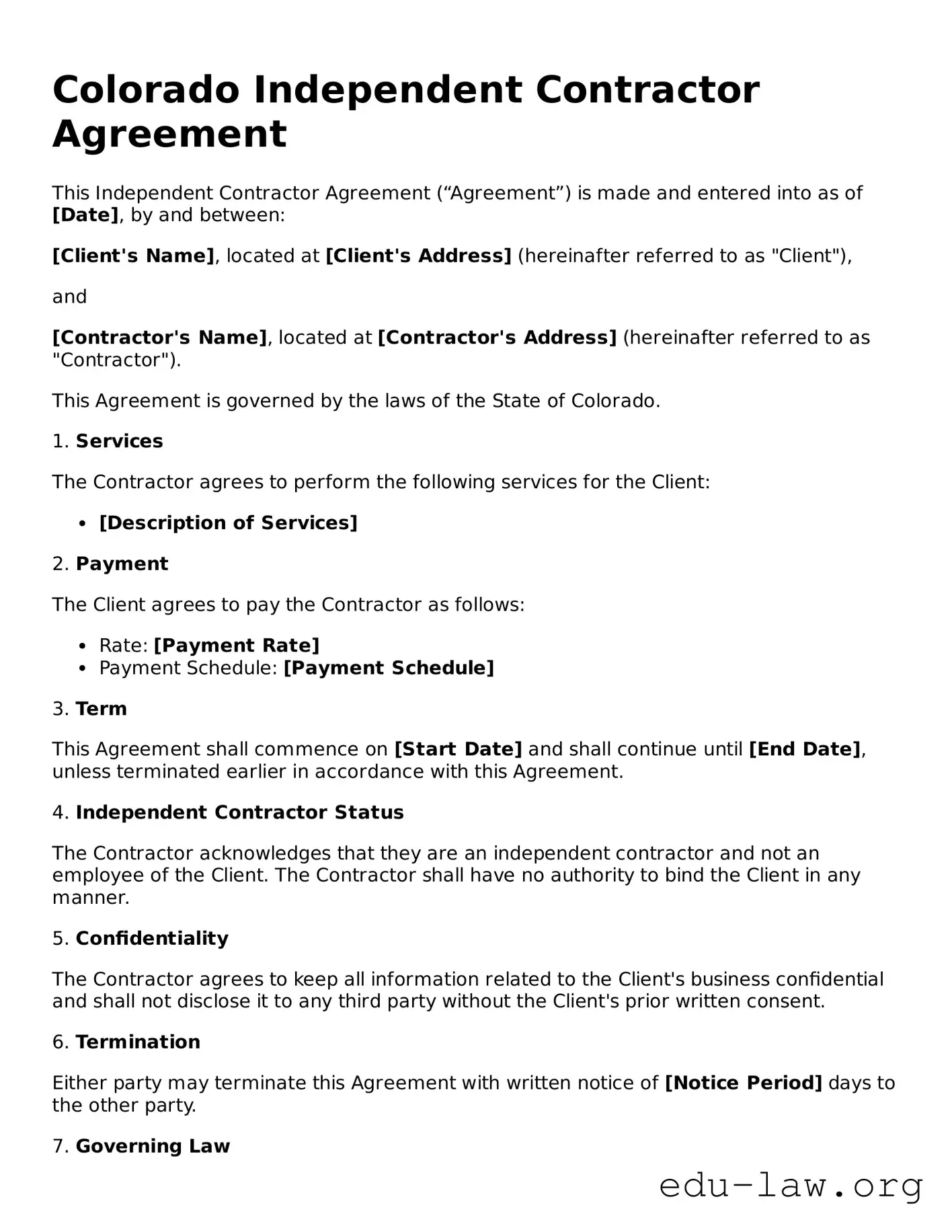 Legal  Independent Contractor Agreement Template for Colorado