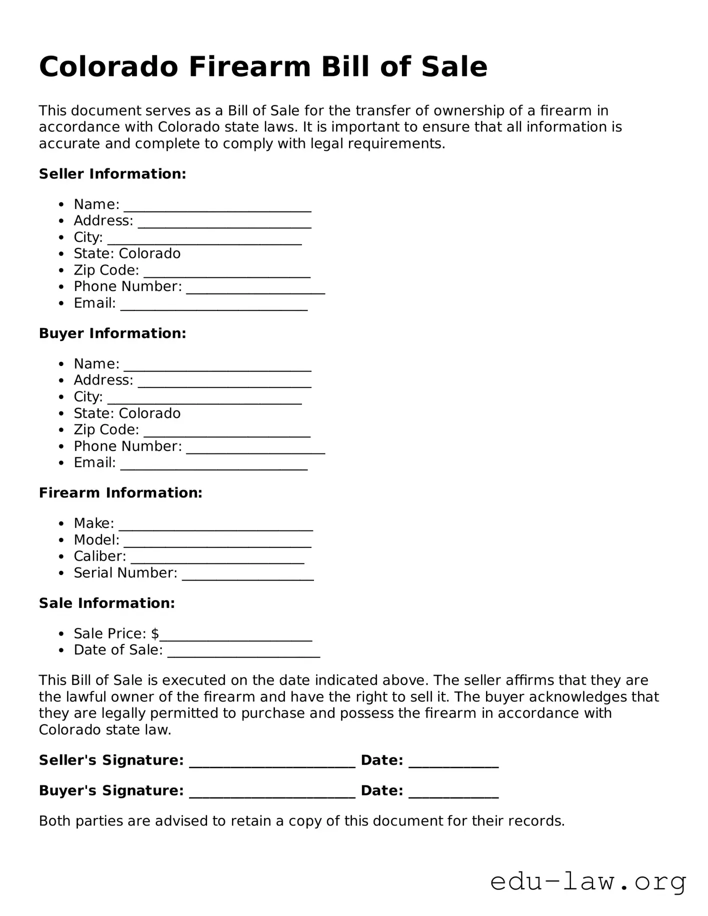 Legal  Firearm Bill of Sale Template for Colorado