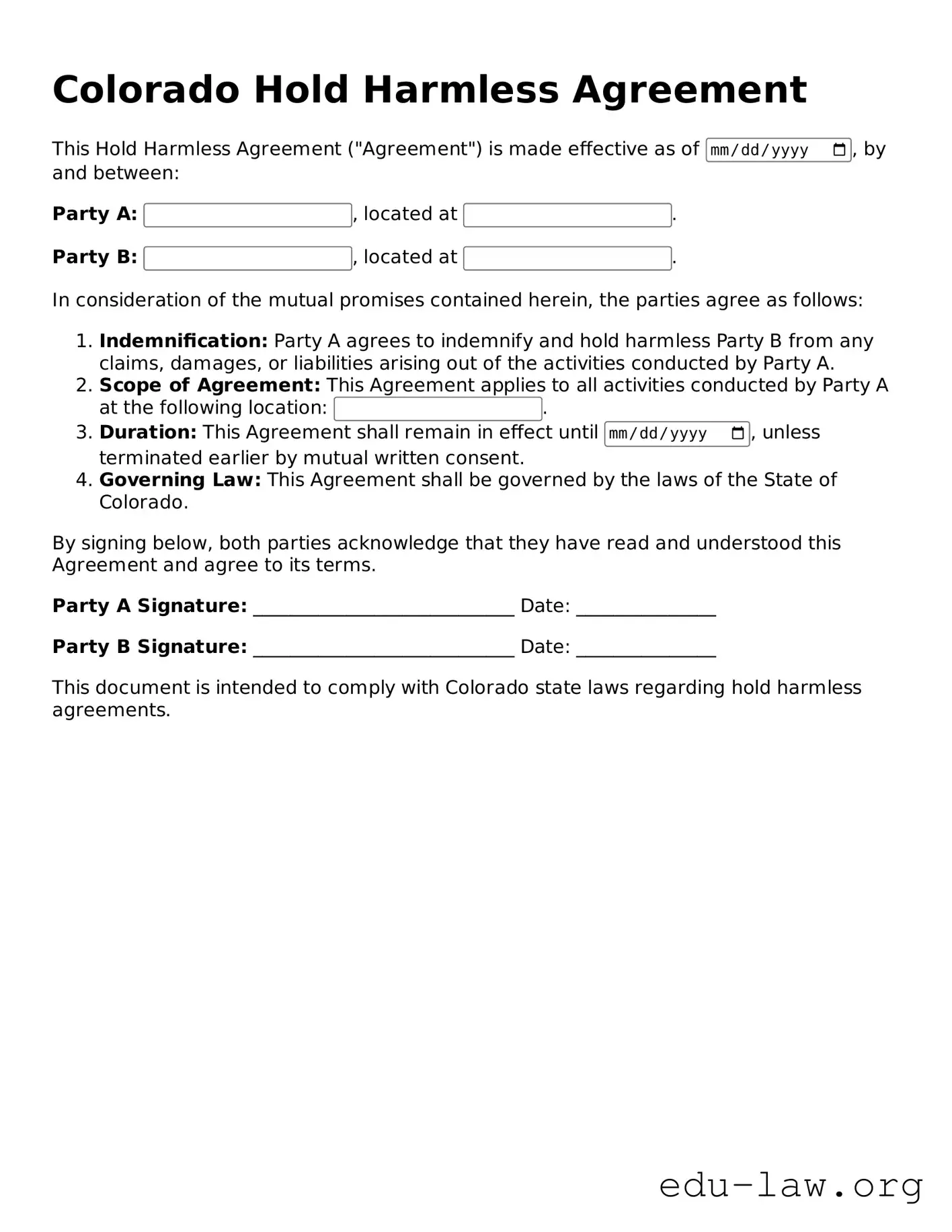 Legal  Hold Harmless Agreement Template for Colorado