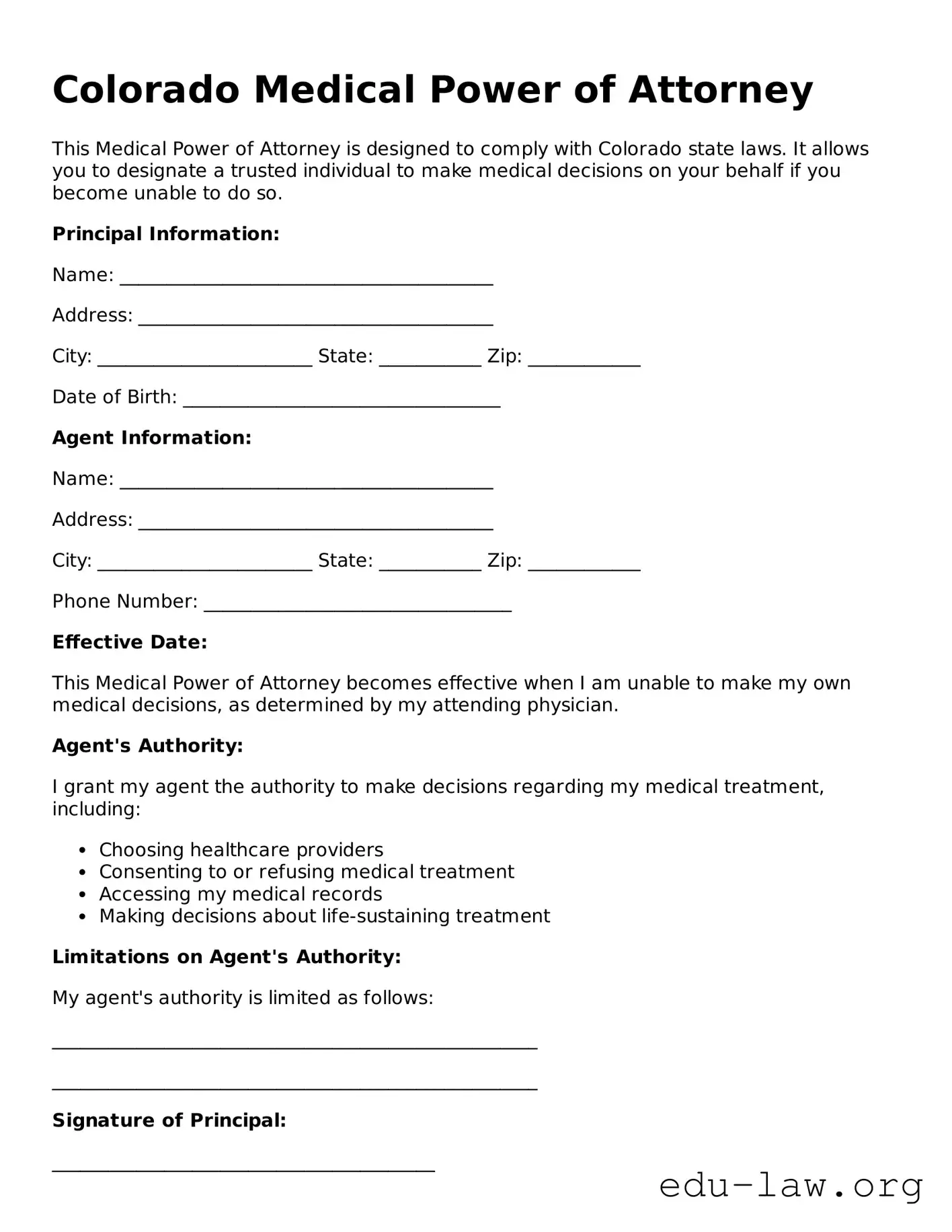 Legal  Medical Power of Attorney Template for Colorado