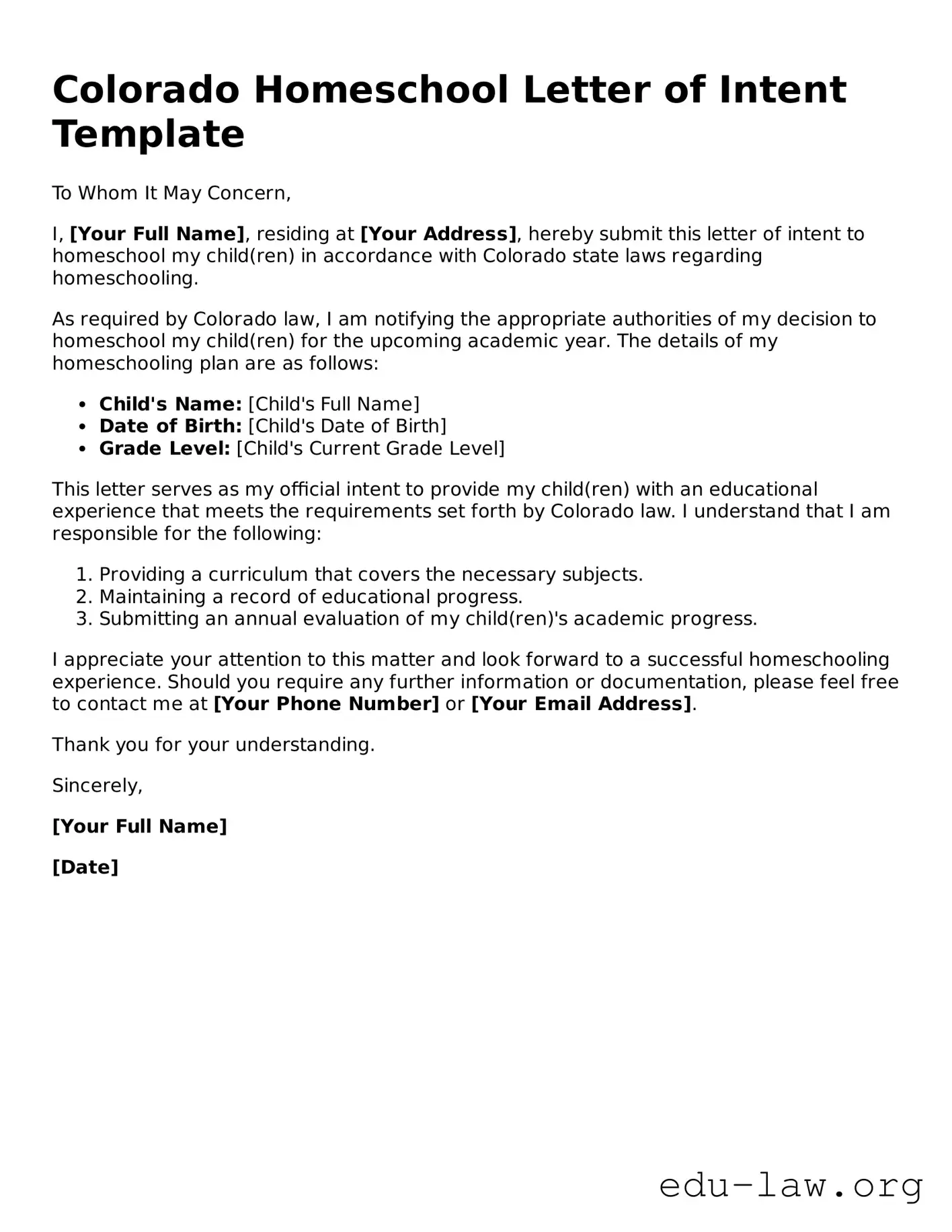 Legal  Homeschool Letter of Intent Template for Colorado