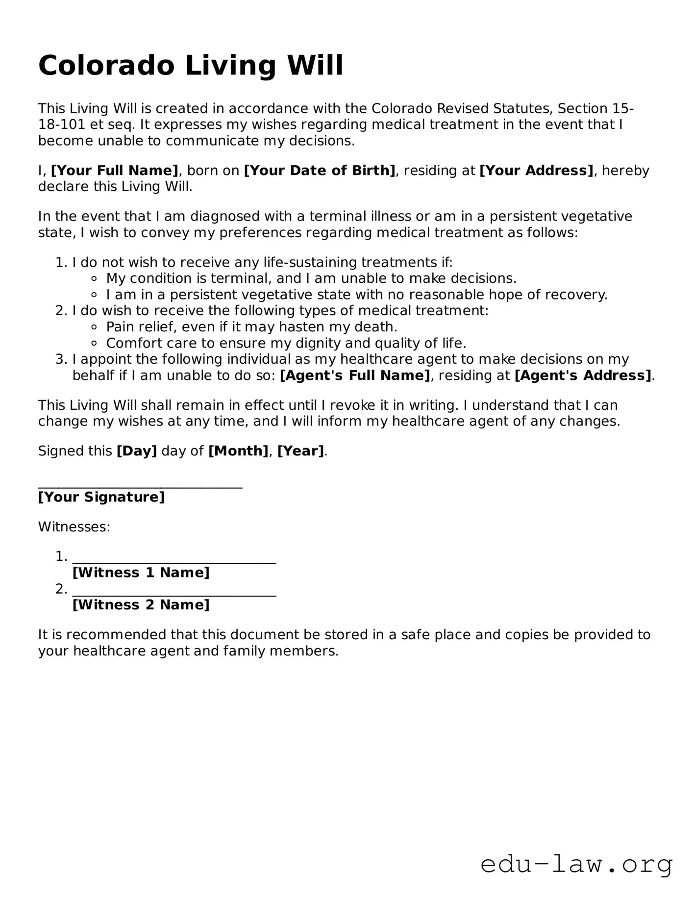 Legal  Living Will Template for Colorado