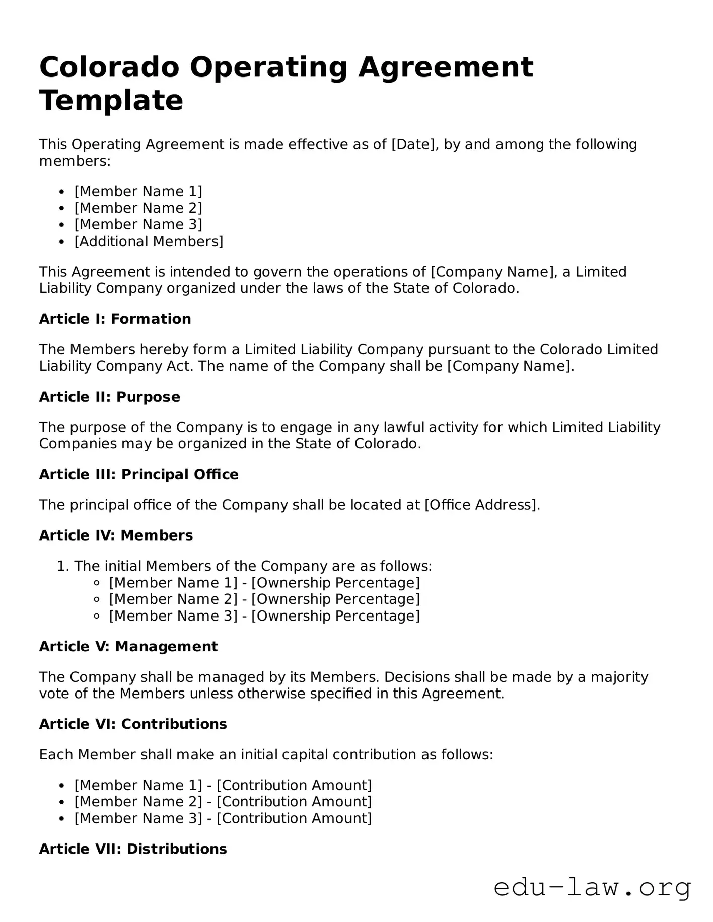 Legal  Operating Agreement Template for Colorado