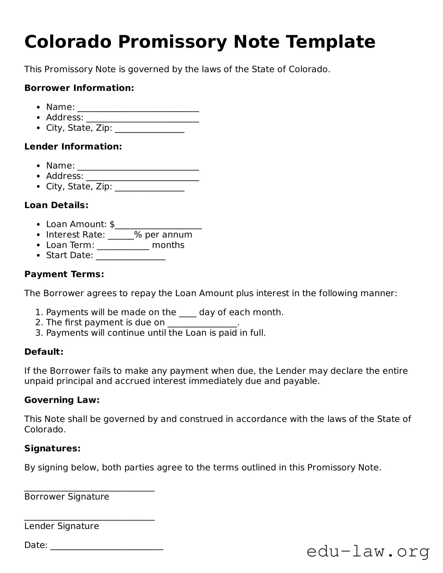 Legal  Promissory Note Template for Colorado