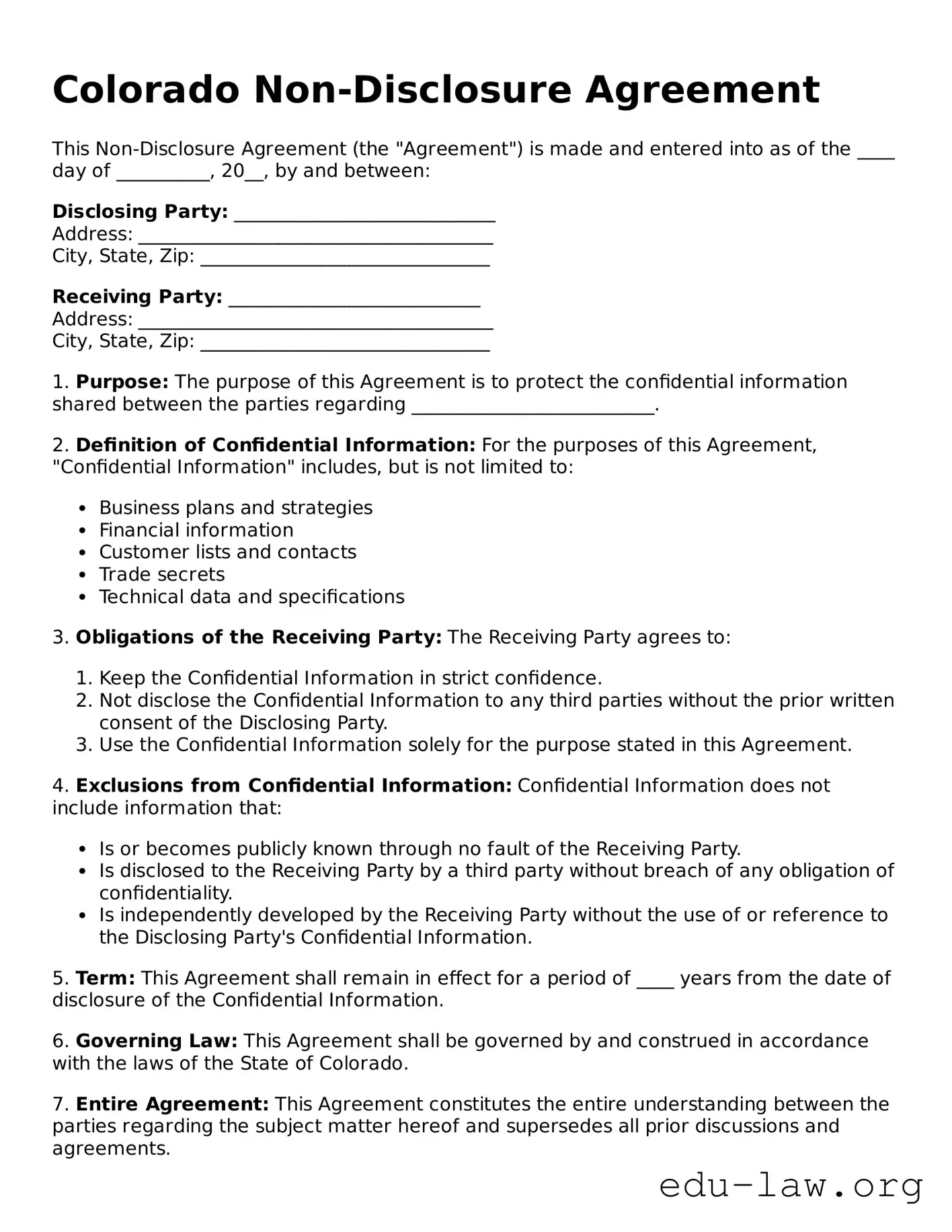 Legal  Non-disclosure Agreement Template for Colorado