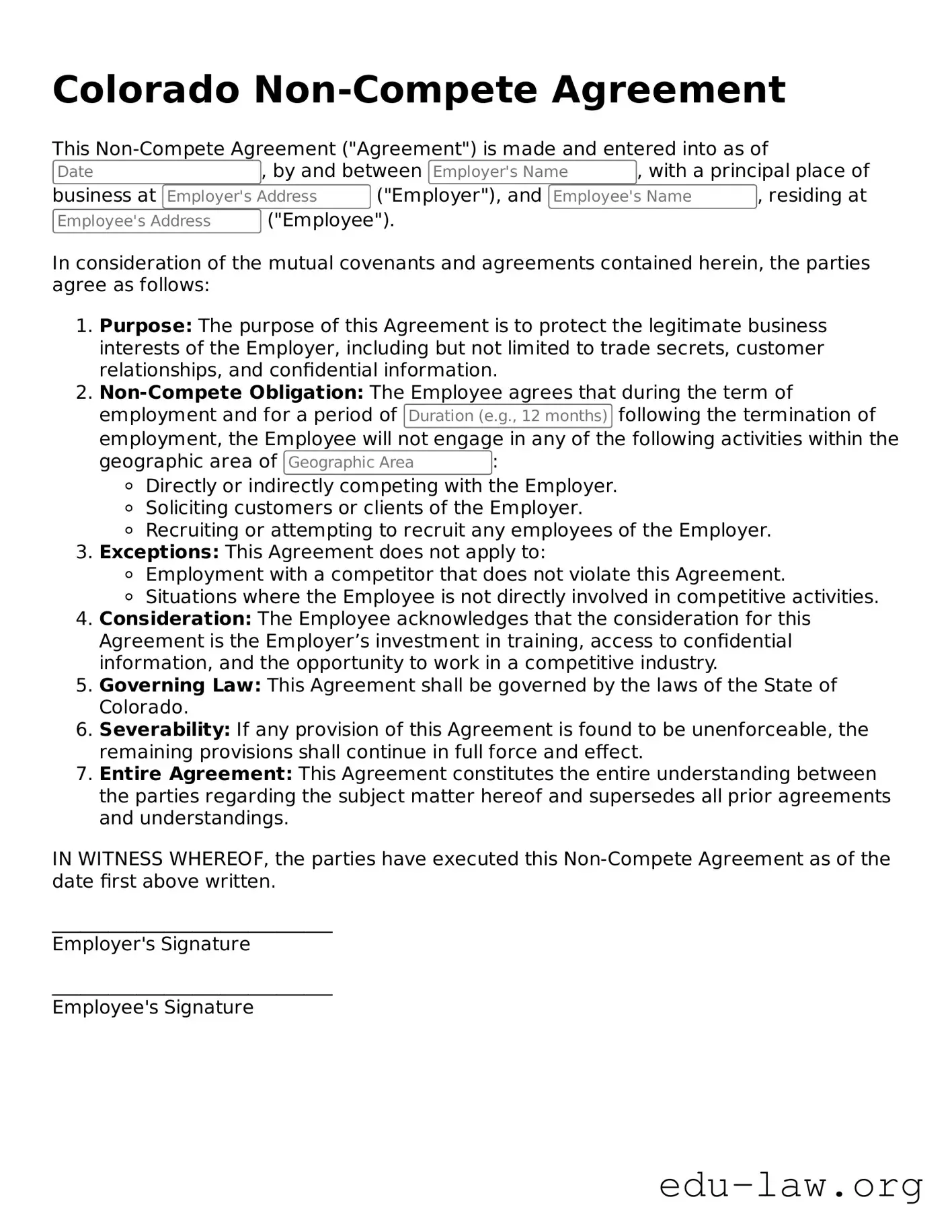 Legal  Non-compete Agreement Template for Colorado