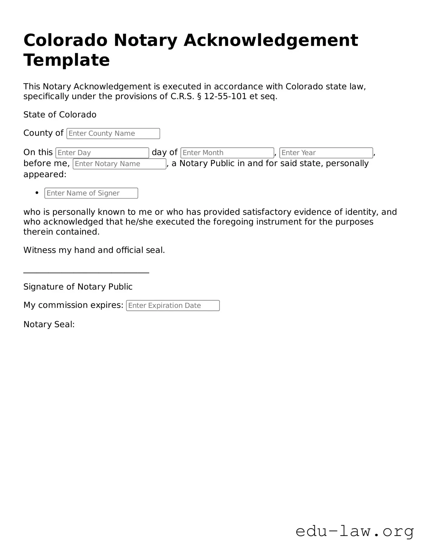 Legal  Notary Acknowledgement Template for Colorado