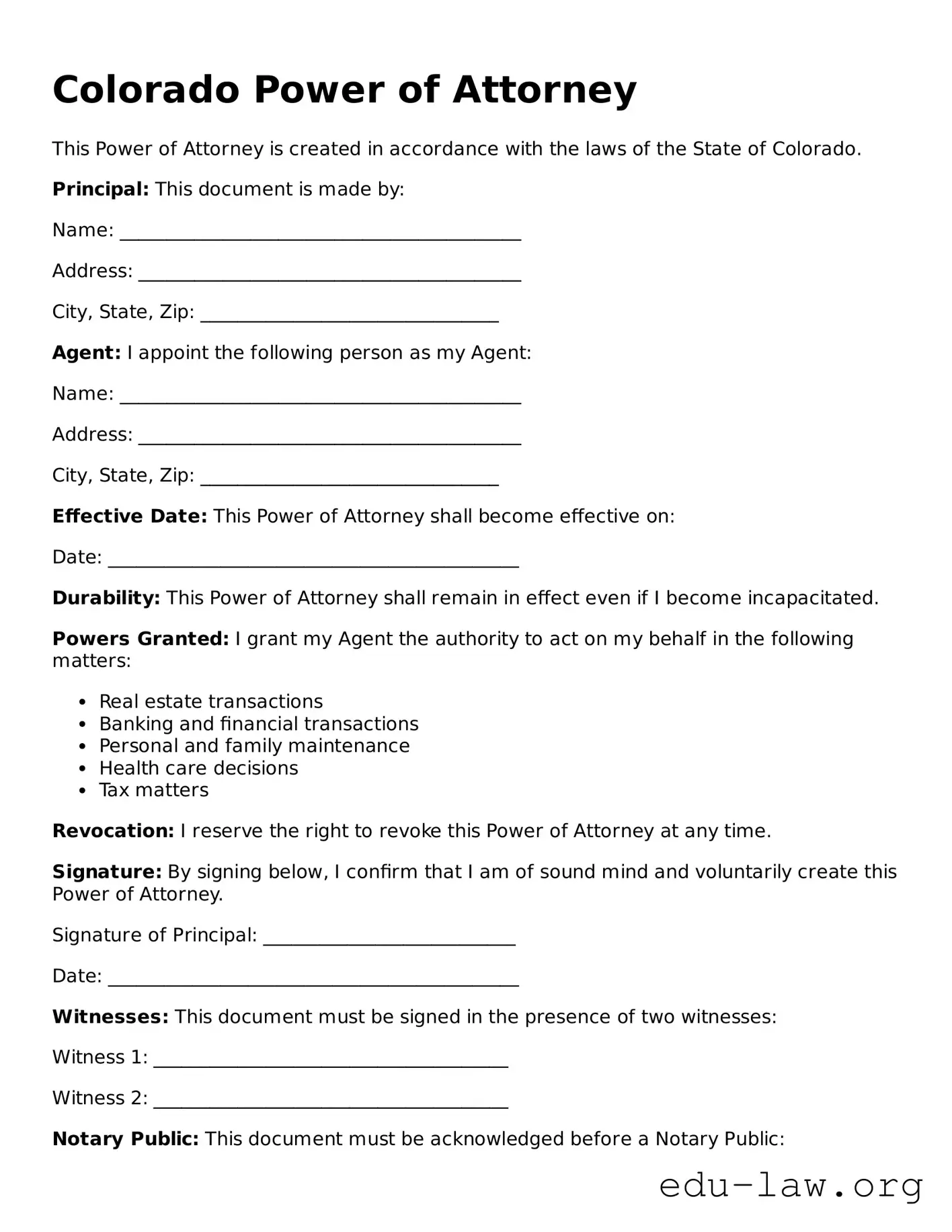 Legal  Power of Attorney Template for Colorado