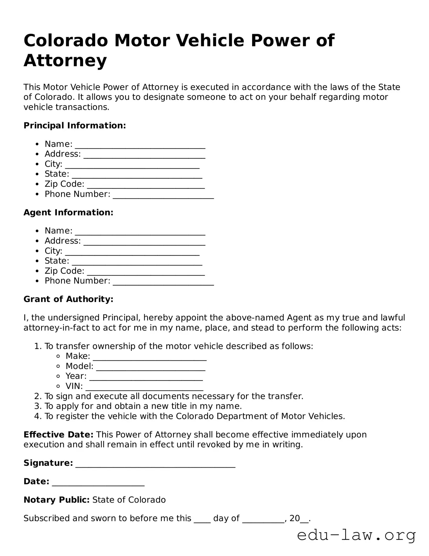 Legal  Motor Vehicle Power of Attorney Template for Colorado