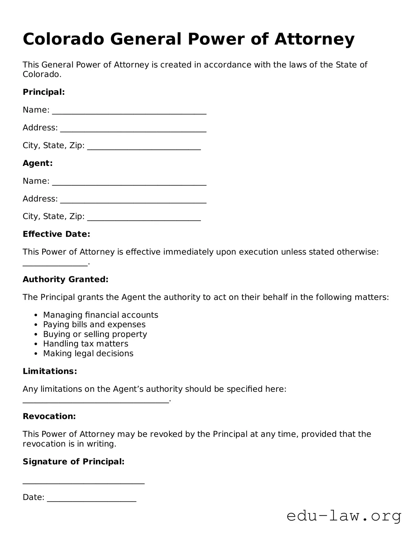 Legal  General Power of Attorney Template for Colorado