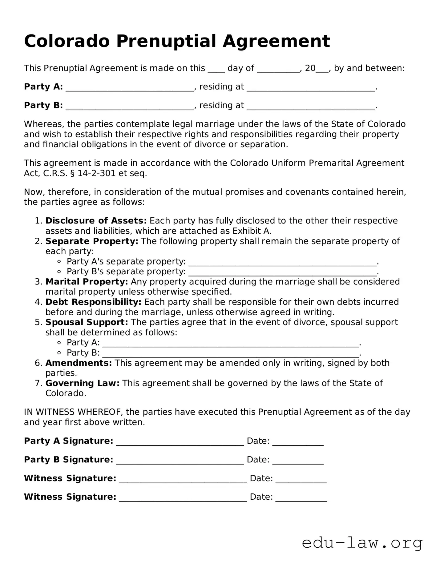 Legal  Prenuptial Agreement Template for Colorado