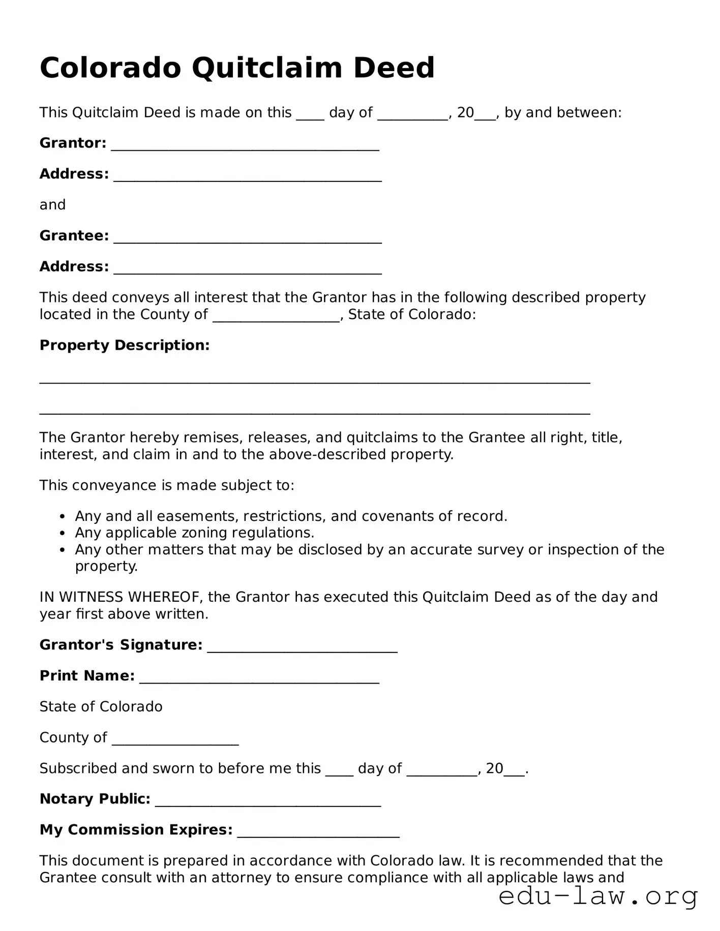Legal  Quitclaim Deed Template for Colorado