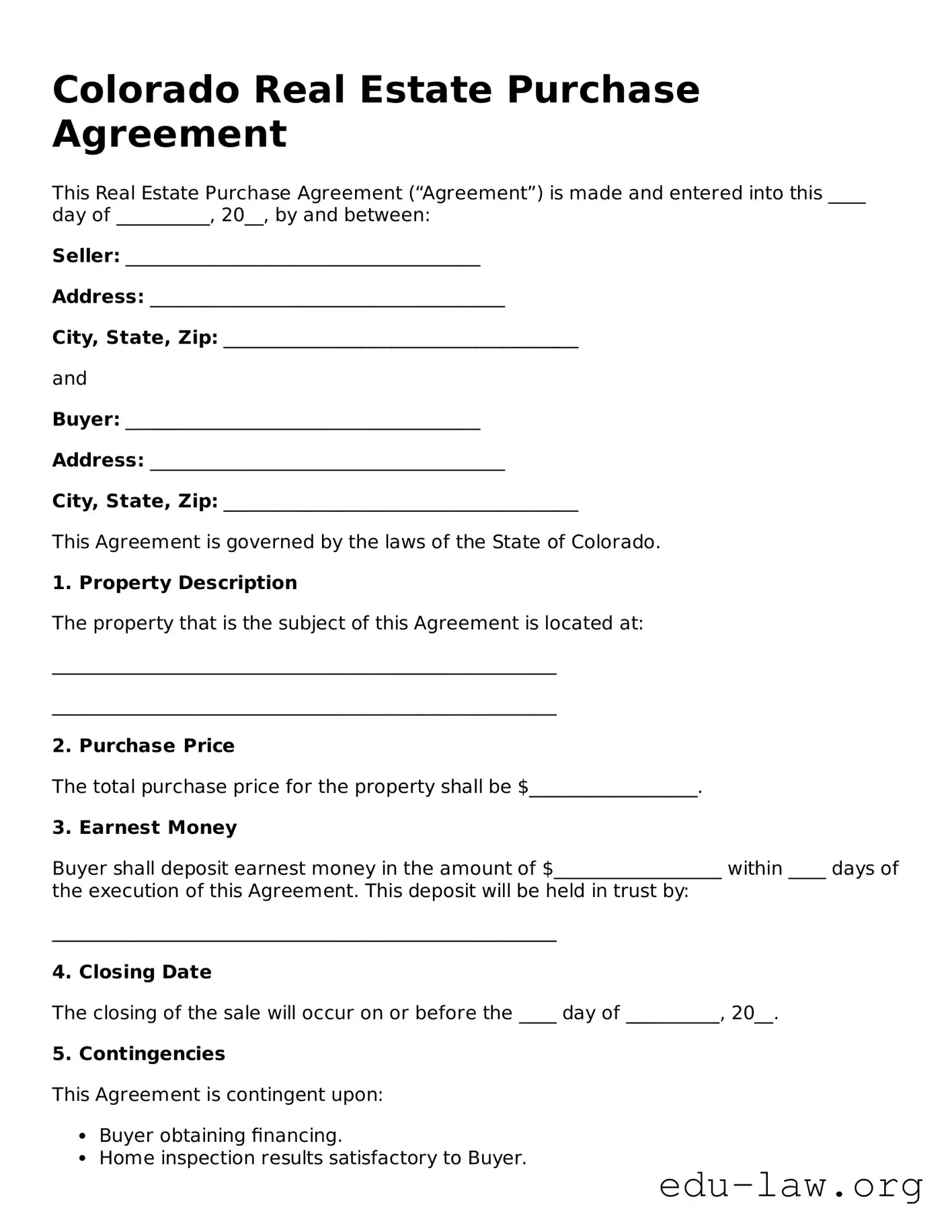 Legal  Real Estate Purchase Agreement Template for Colorado