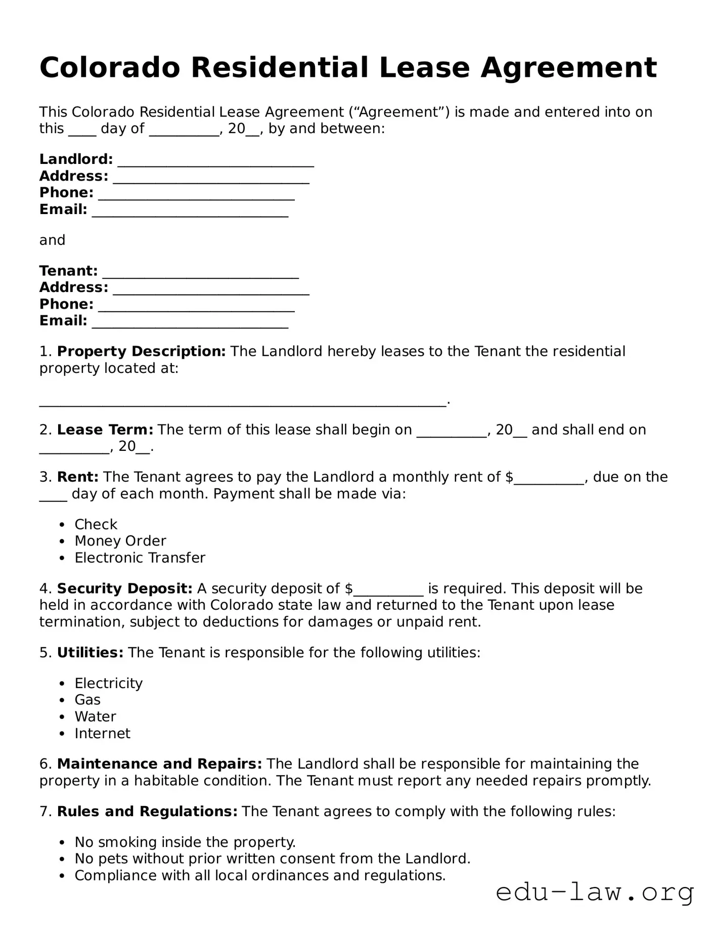 Legal  Residential Lease Agreement Template for Colorado
