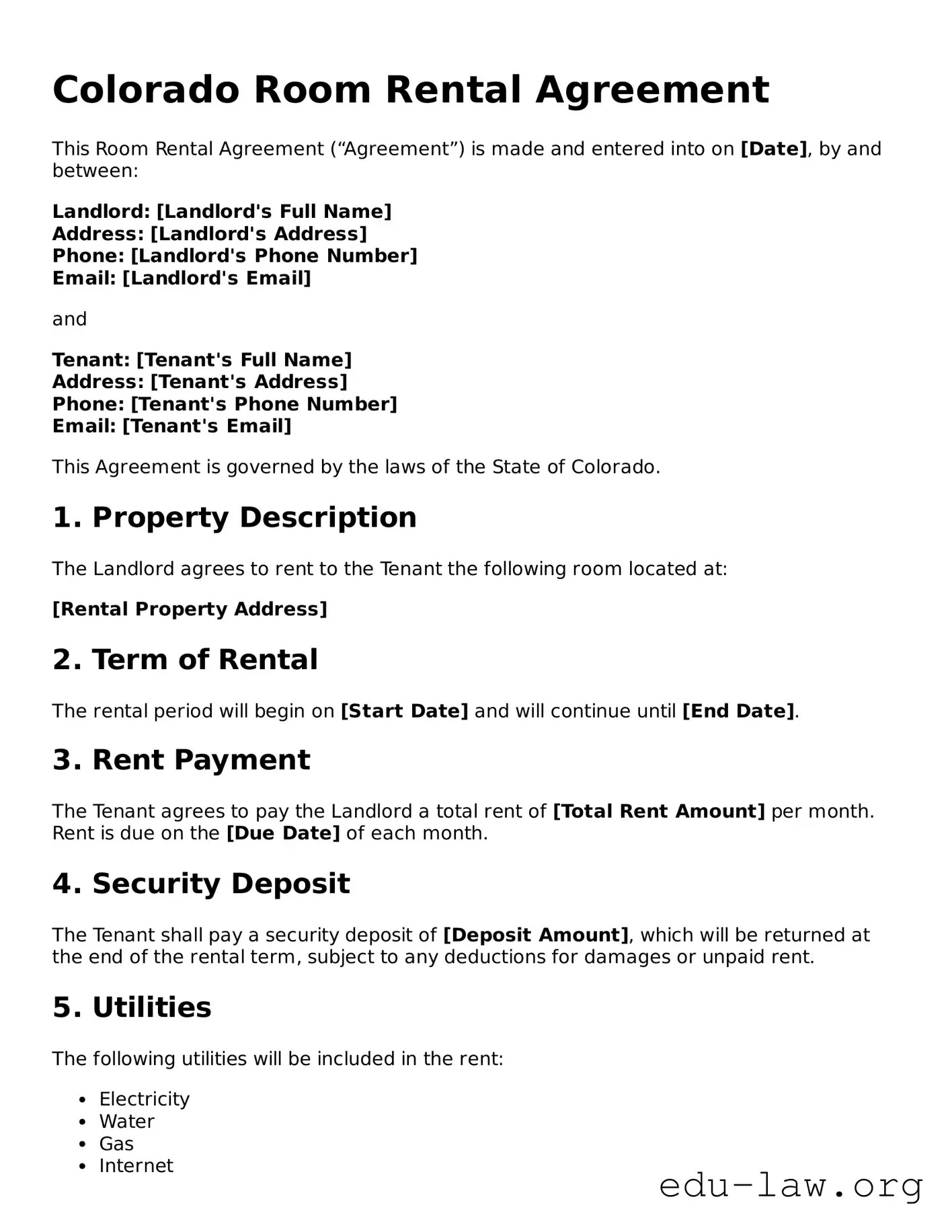 Legal  Room Rental Agreement Template for Colorado
