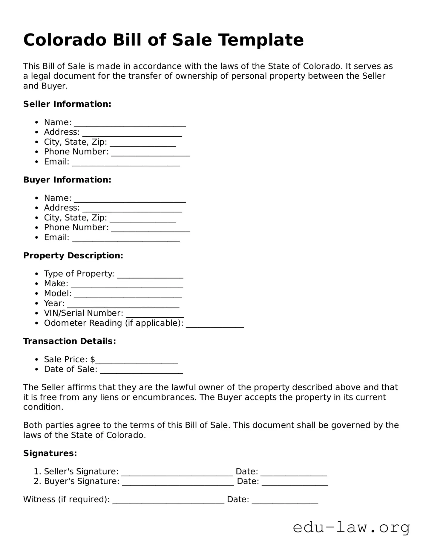 Legal  Bill of Sale Template for Colorado