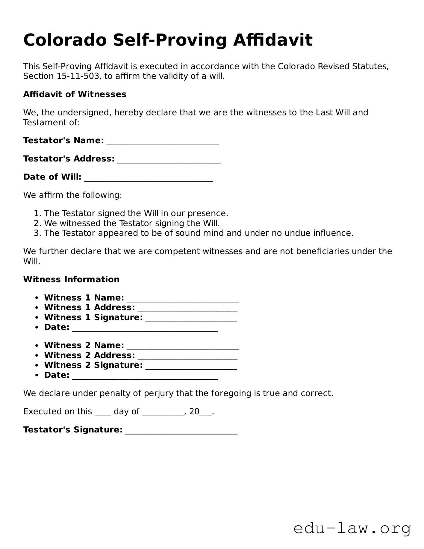 Legal  Self-Proving Affidavit Template for Colorado