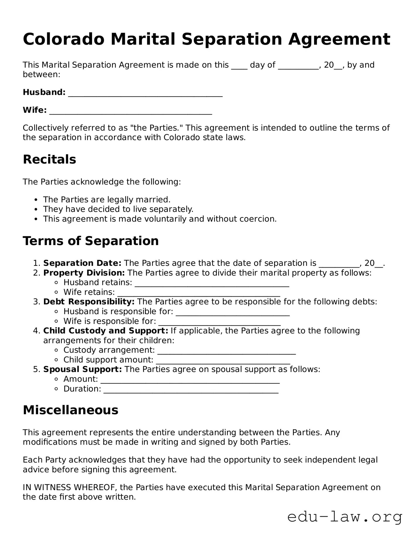 Legal  Marital Separation Agreement Template for Colorado