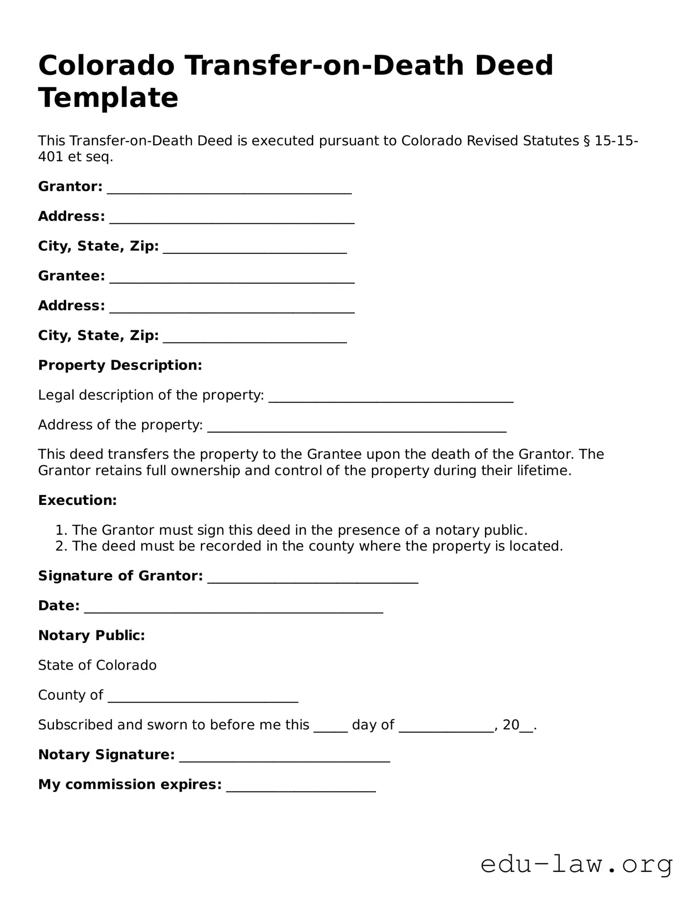Legal  Transfer-on-Death Deed Template for Colorado