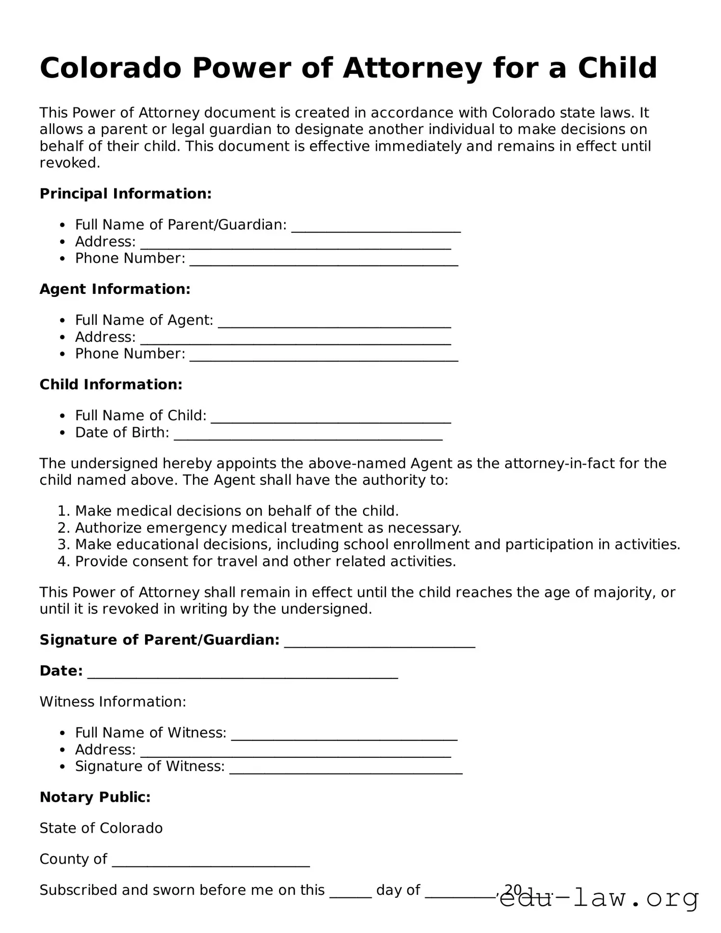 Legal  Power of Attorney for a Child Template for Colorado